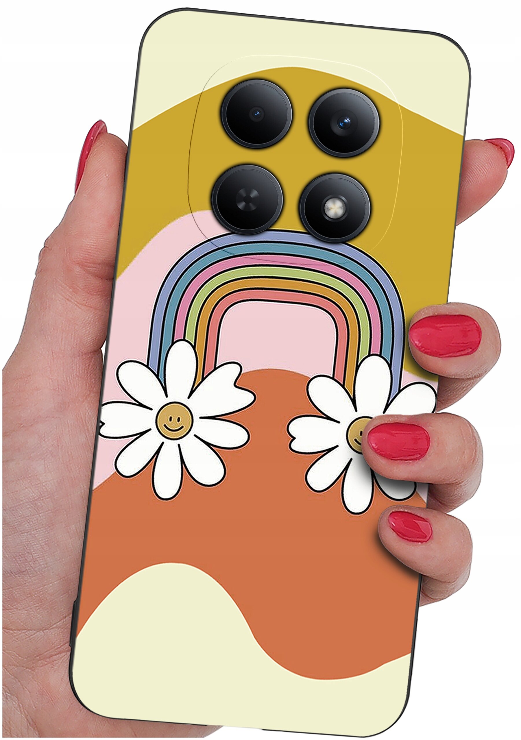 Etui na telefon z kolorowym wzorem tęczy i dwoma kwiatami z uśmiechniętymi buźkami. Etui jest trzymane w dłoni z pomalowanymi na czerwono paznokciami.