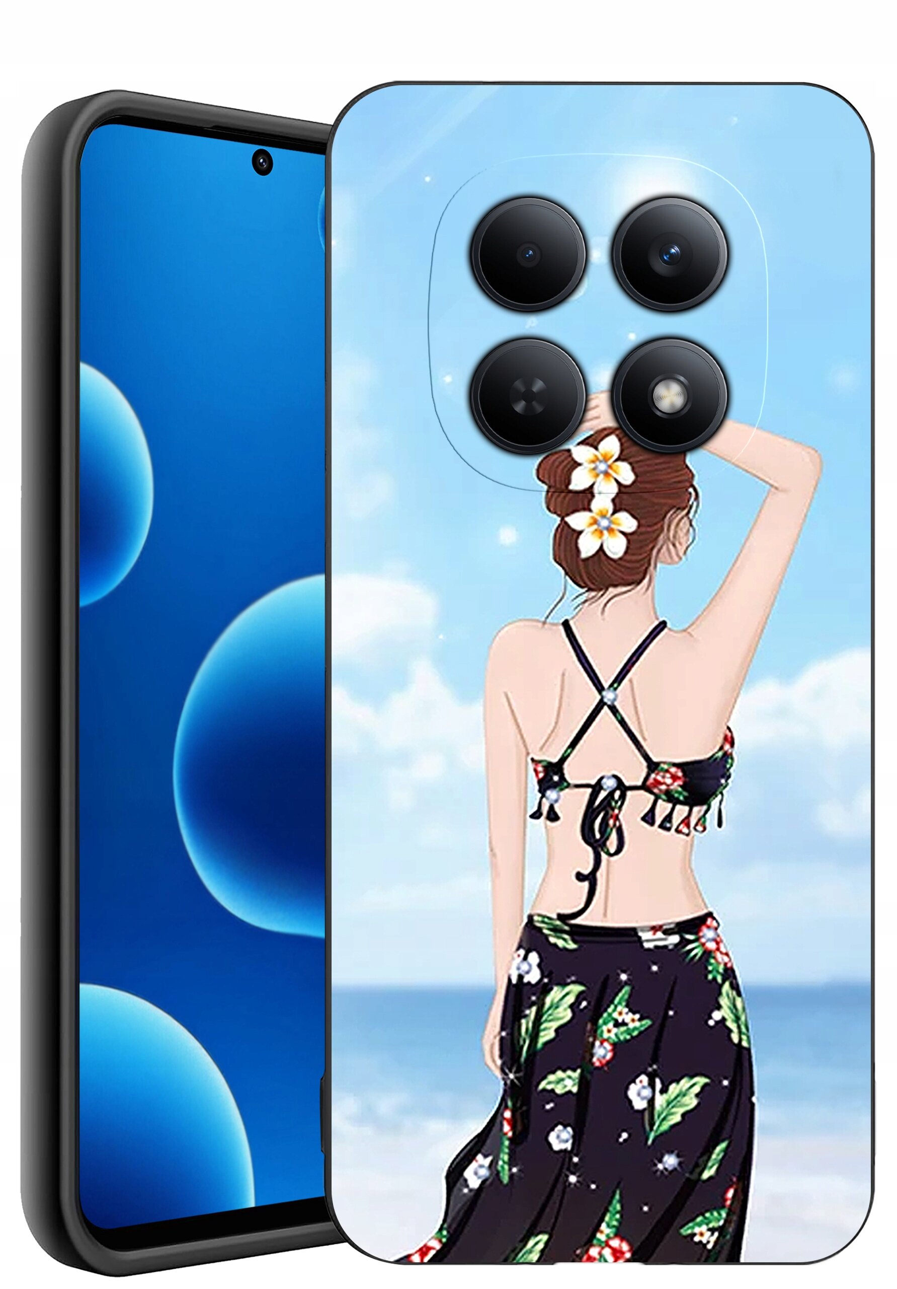 Etui na telefon z grafiką przedstawiającą kobietę w stroju plażowym na tle nieba i morza. Obok widoczny jest ekran telefonu z niebieskim motywem graficznym.