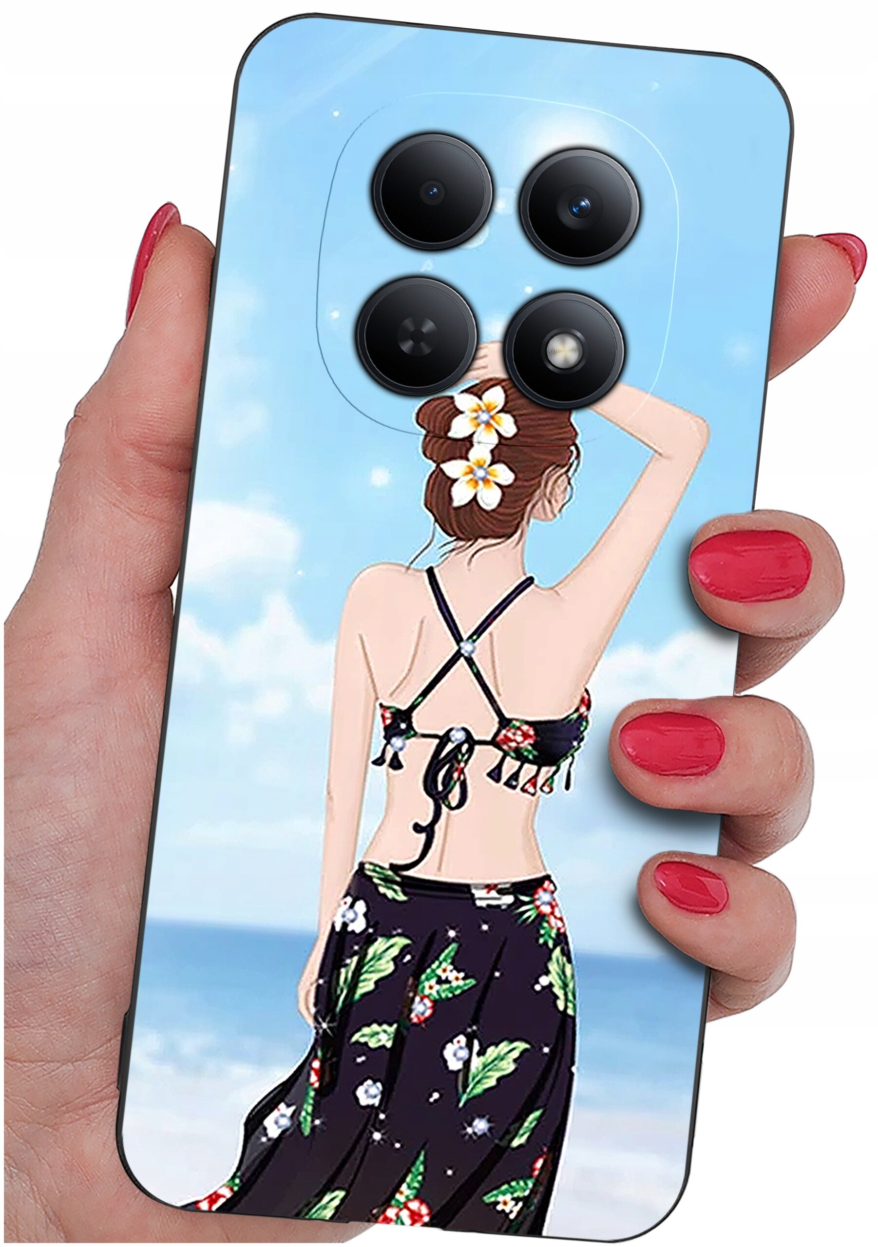 Etui na telefon z grafiką przedstawiającą kobietę w stroju plażowym na tle nieba i morza. Etui trzymane jest w dłoni z pomalowanymi na czerwono paznokciami.