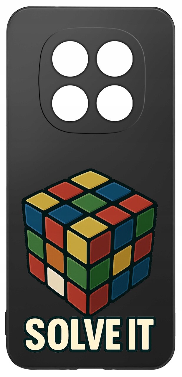Czarne etui z nadrukiem kolorowej kostki Rubika oraz napisem \'SOLVE IT\'.