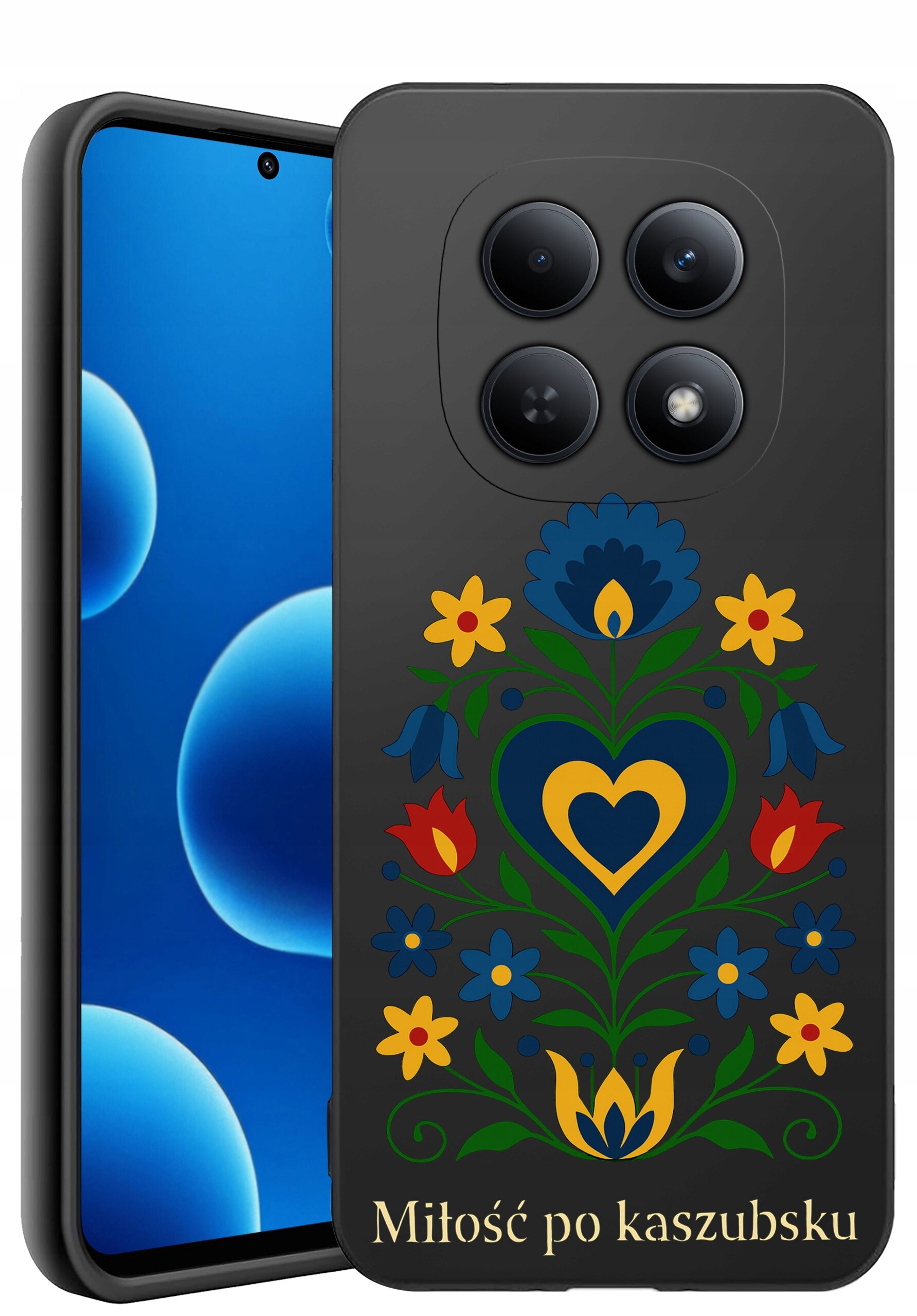 Etui na telefon z kolorowym, ludowym wzorem kwiatowym oraz napisem \'Miłość po kaszubsku\'.