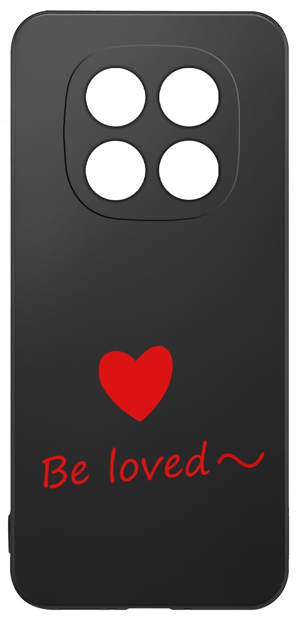 Czarne etui z czterema otworami na aparat, ozdobione czerwonym sercem i napisem \'Be loved~\'.