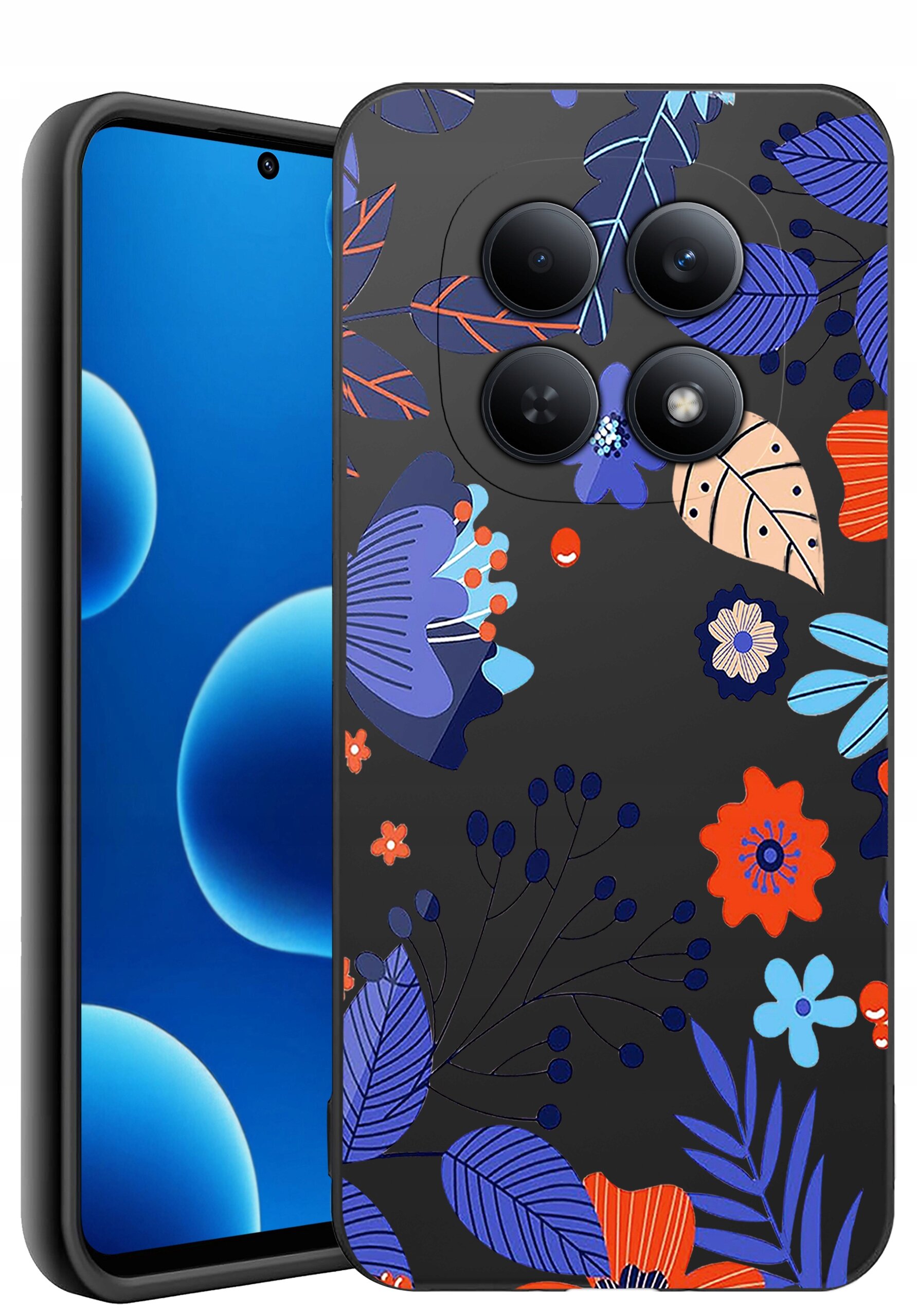 Etui na telefon z kolorowym wzorem kwiatowym w odcieniach niebieskiego, pomarańczowego i fioletowego, z czterema okrągłymi wycięciami na aparaty. Obok etui widoczny jest telefon z niebieskim ekranem.