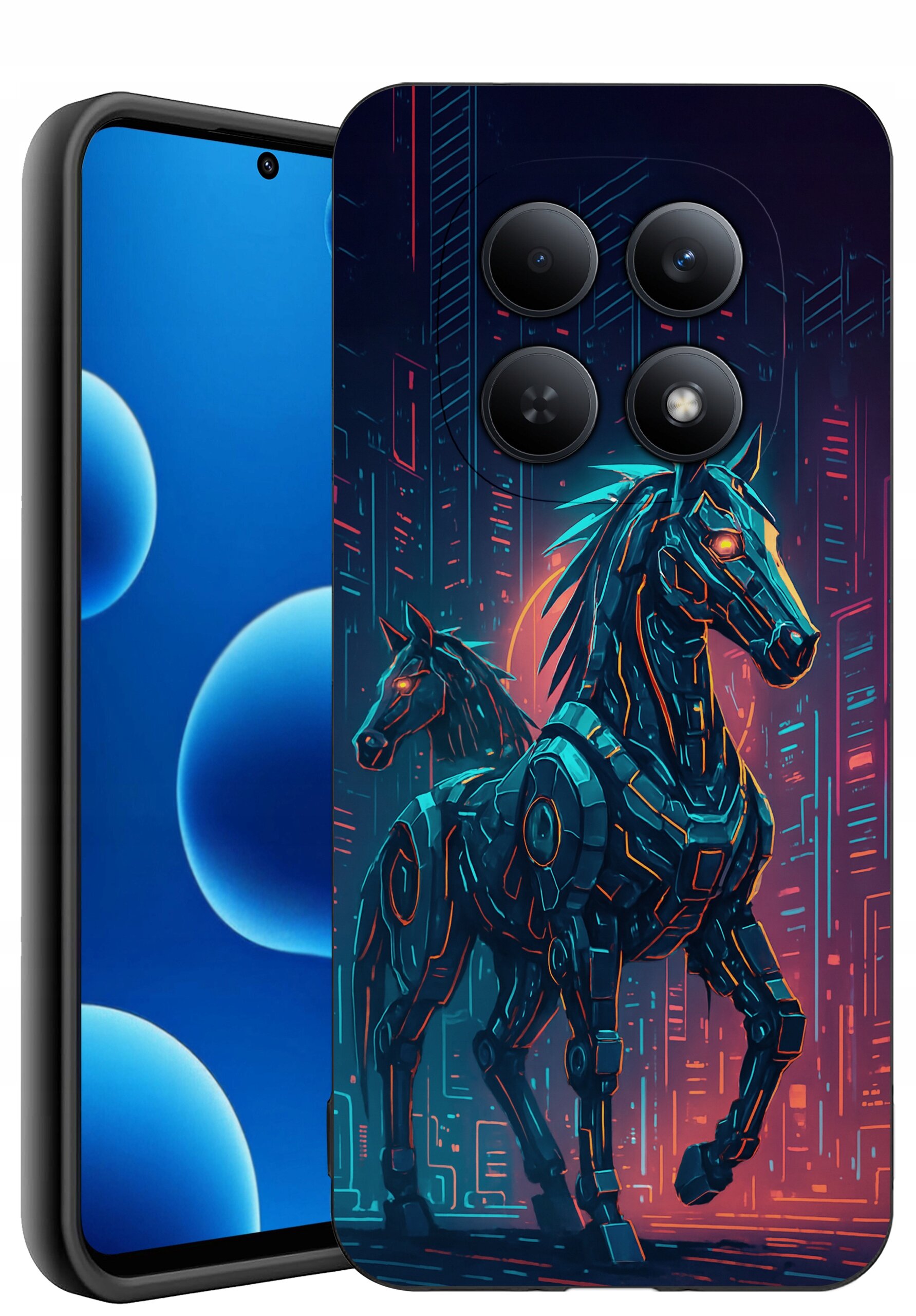 Etui na telefon z grafiką przedstawiającą dwa futurystyczne konie w stylu cyberpunkowym, na tle miasta z neonowymi światłami. Telefon ma ekran z niebieskimi okręgami na czarnym tle.