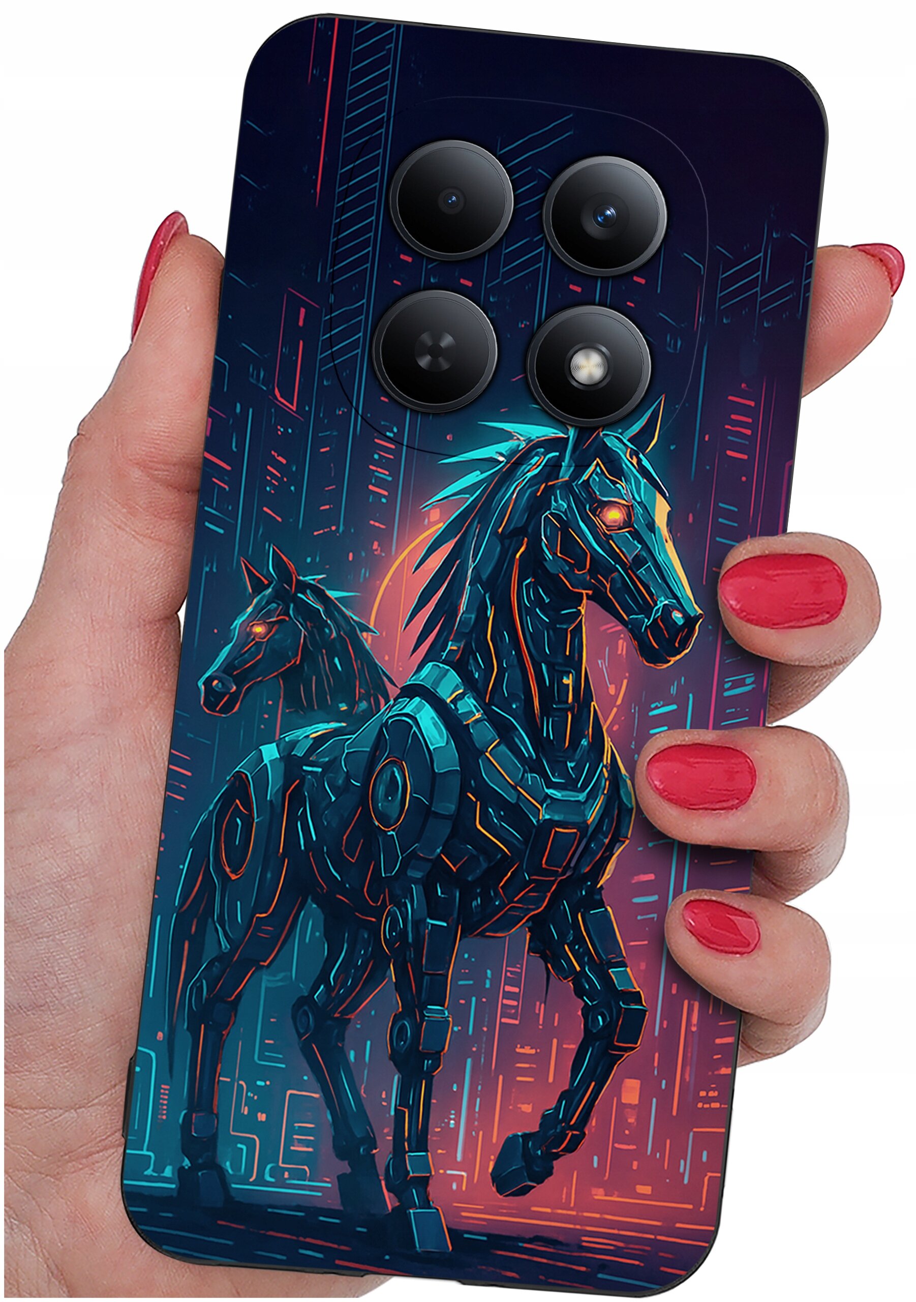 Etui na telefon z grafiką przedstawiającą dwa futurystyczne konie w stylu neonowym, trzymane w dłoni z pomalowanymi na czerwono paznokciami. Na etui widoczne są cztery okrągłe otwory na aparat.