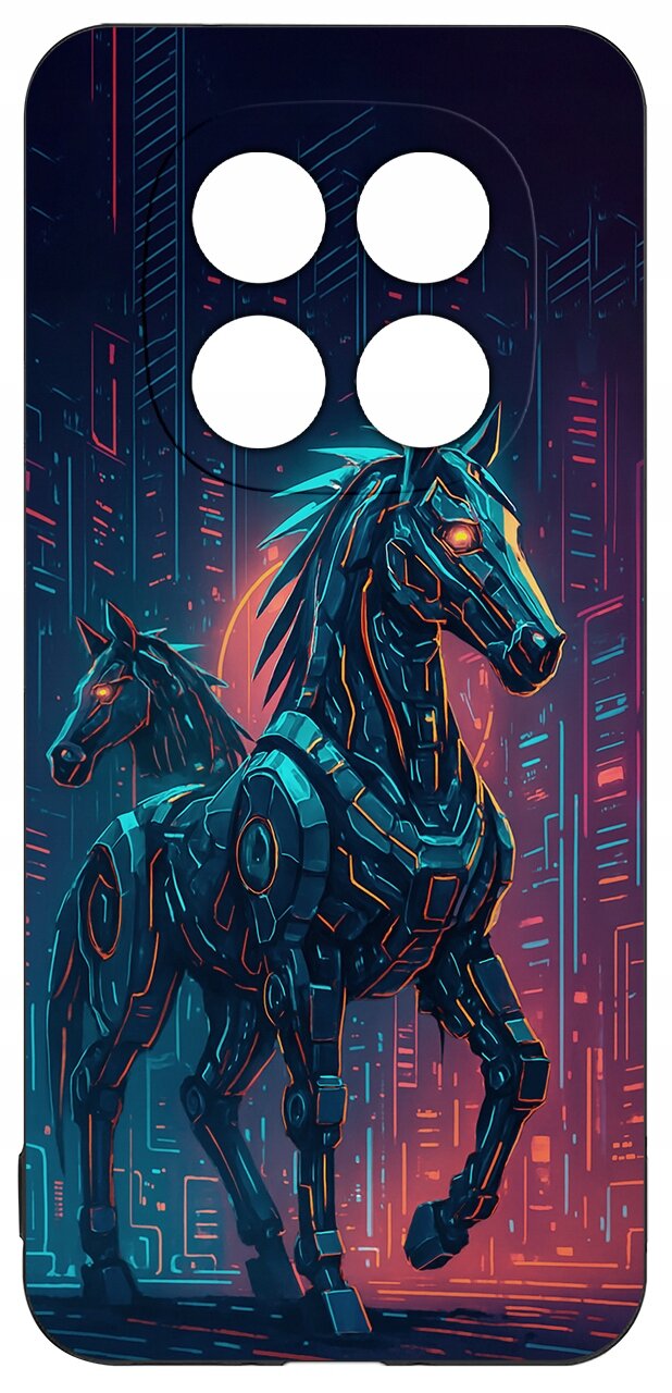 Etui na telefon z grafiką przedstawiającą dwa futurystyczne konie w stylu cyberpunkowym na tle miasta. Etui ma cztery otwory na aparat.