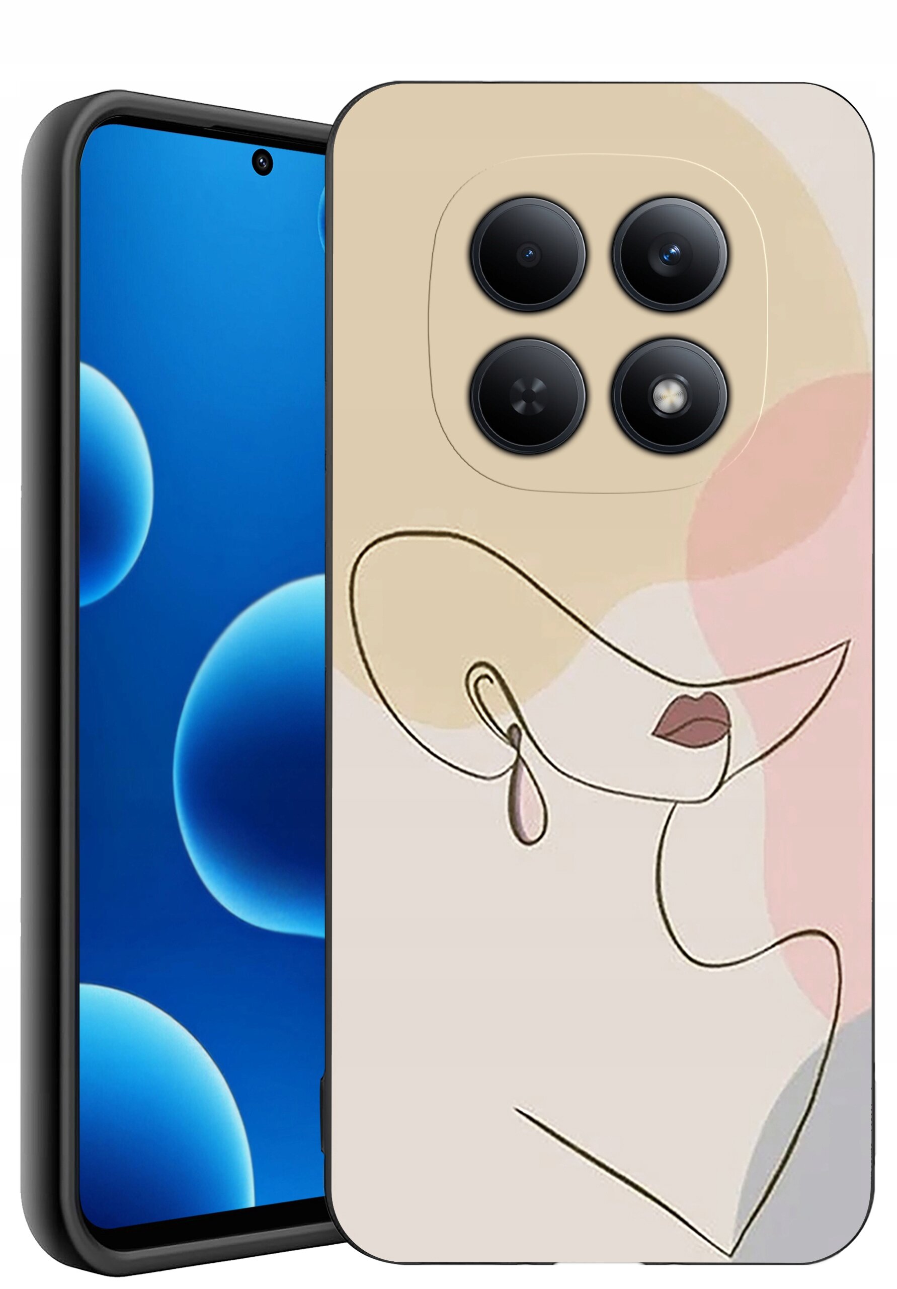 Etui na telefon z abstrakcyjnym wzorem przedstawiającym liniowy rysunek twarzy na tle w pastelowych kolorach. Widoczne są cztery otwory na aparaty fotograficzne.