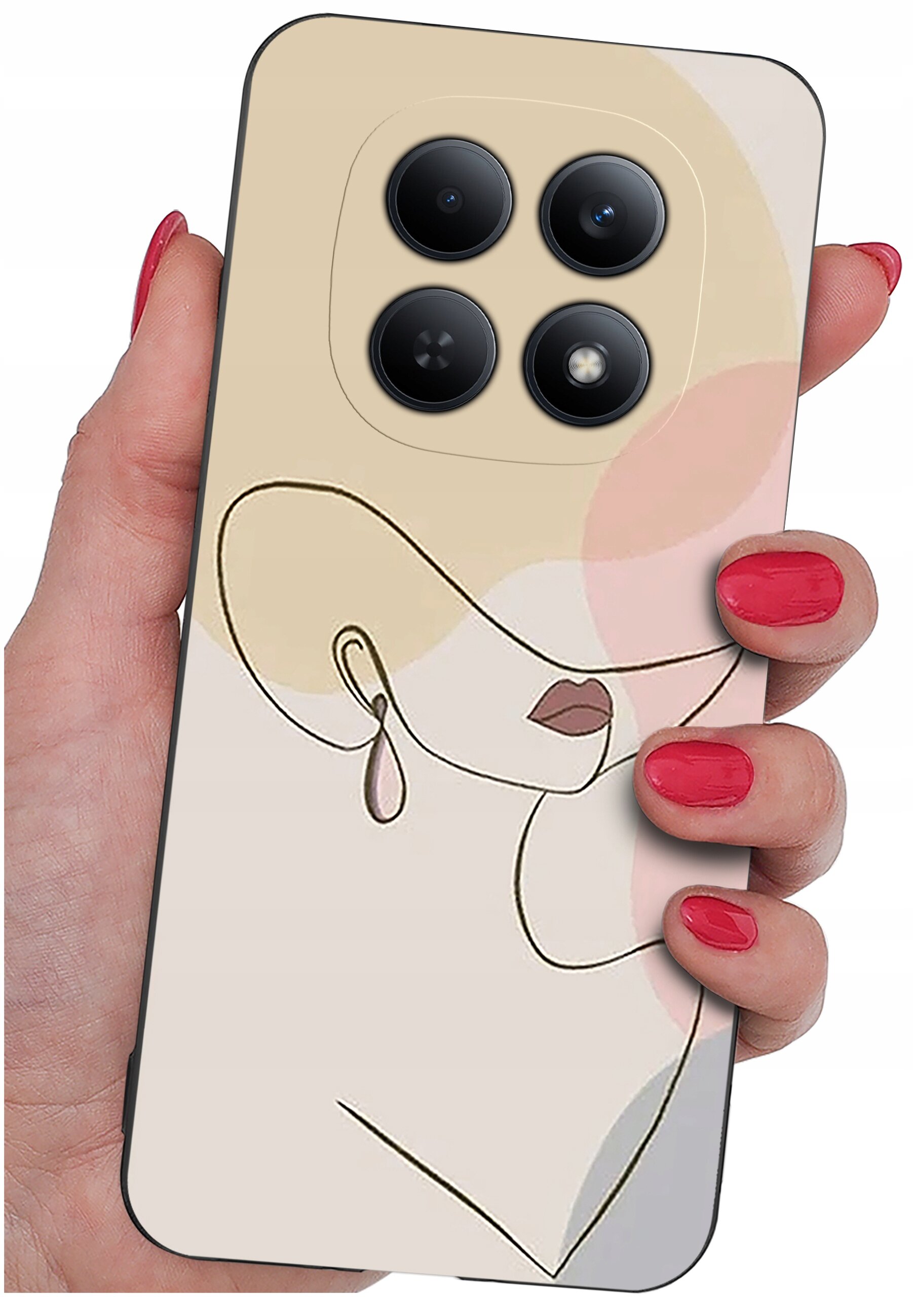 Osoba trzyma telefon z etui ozdobionym abstrakcyjnym wzorem przedstawiającym twarz w minimalistycznym stylu. Etui ma wycięcia na cztery obiektywy aparatu.