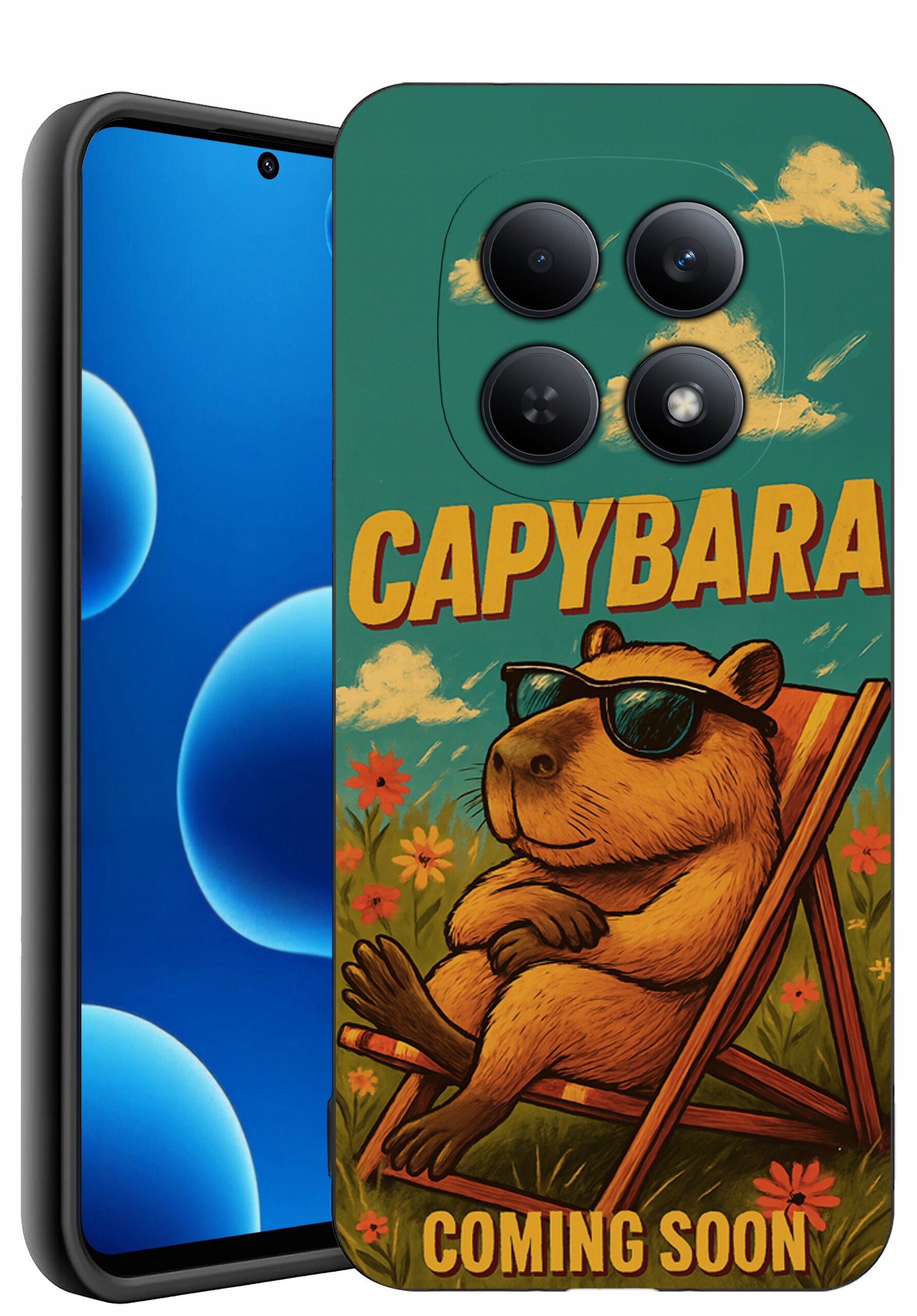 Etui na telefon z grafiką kapibary w okularach przeciwsłonecznych siedzącej na leżaku, z napisem \'CAPYBARA COMING SOON\'.