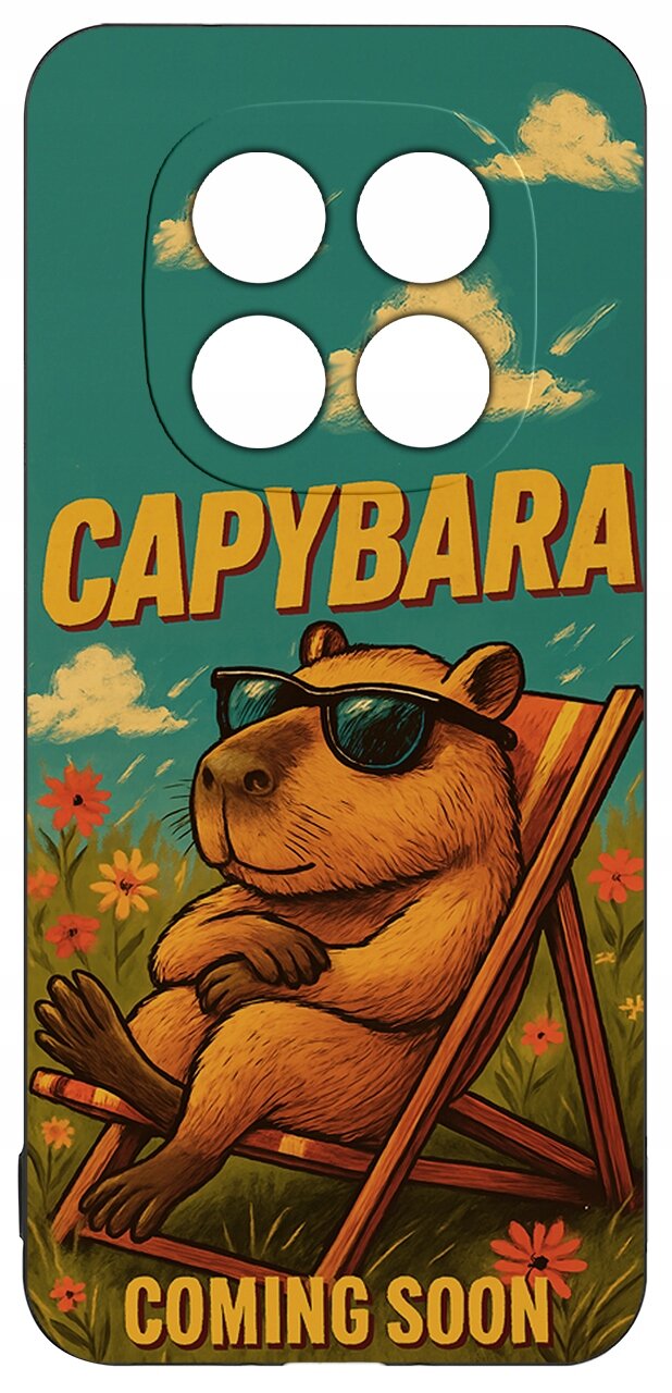 Etui z grafiką kapibary w okularach przeciwsłonecznych, siedzącej na leżaku wśród kwiatów. Widoczny tekst: \'CAPYBARA COMING SOON\'.