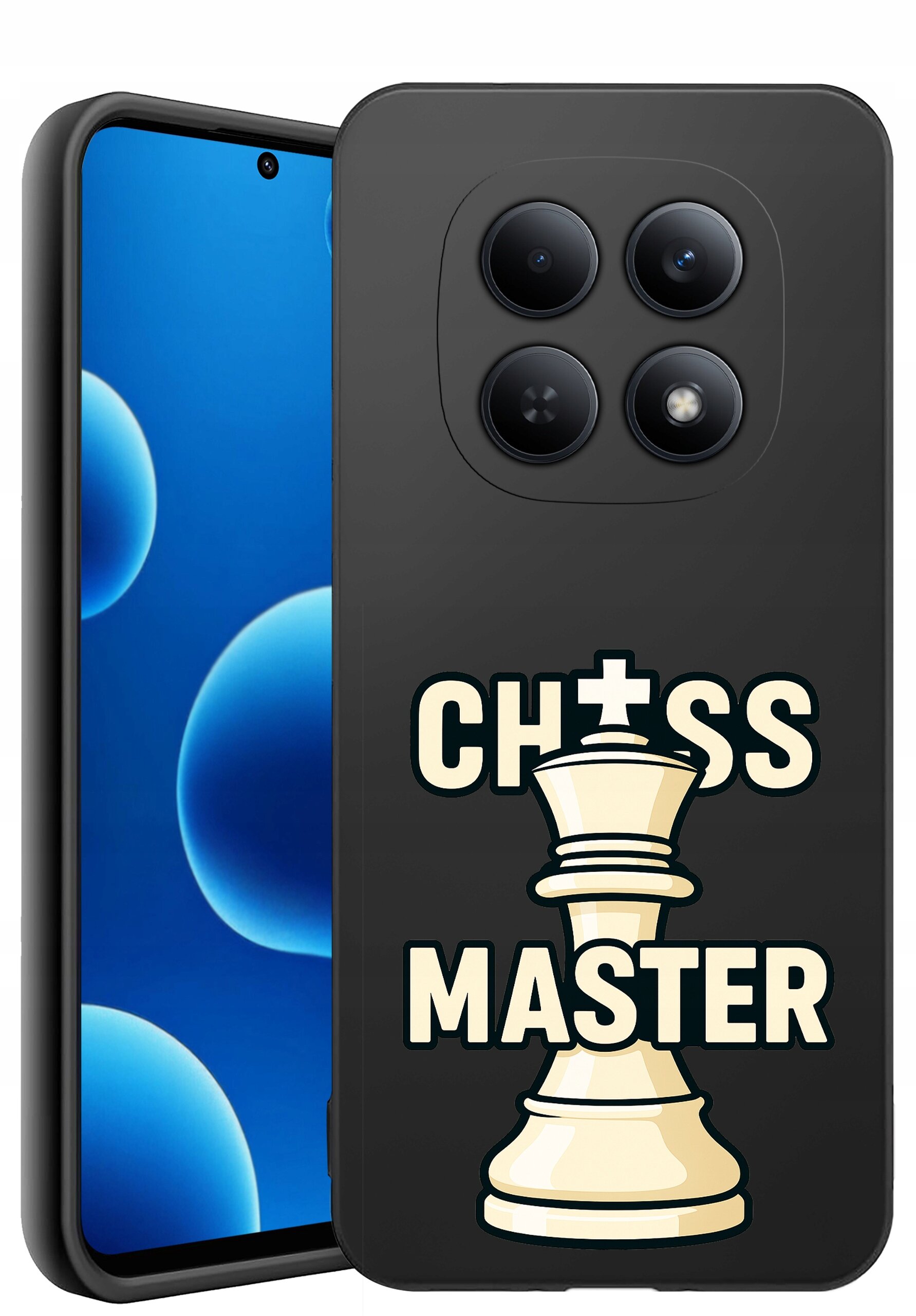 Etui na telefon z napisem \'CHESS MASTER\' i grafiką figury szachowej. Widoczny jest również telefon z ekranem wyświetlającym niebieskie tło z okręgami.