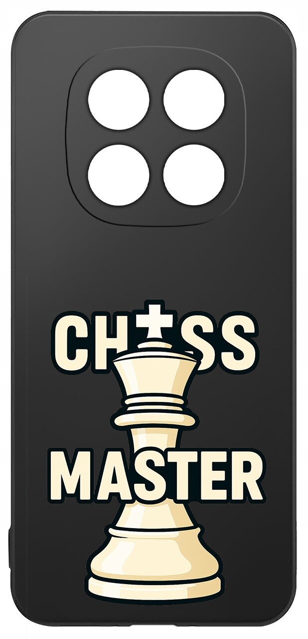 Czarne etui z napisem \'CHESS MASTER\' oraz grafiką białej figury szachowej. Etui posiada wycięcia na cztery obiektywy aparatu.