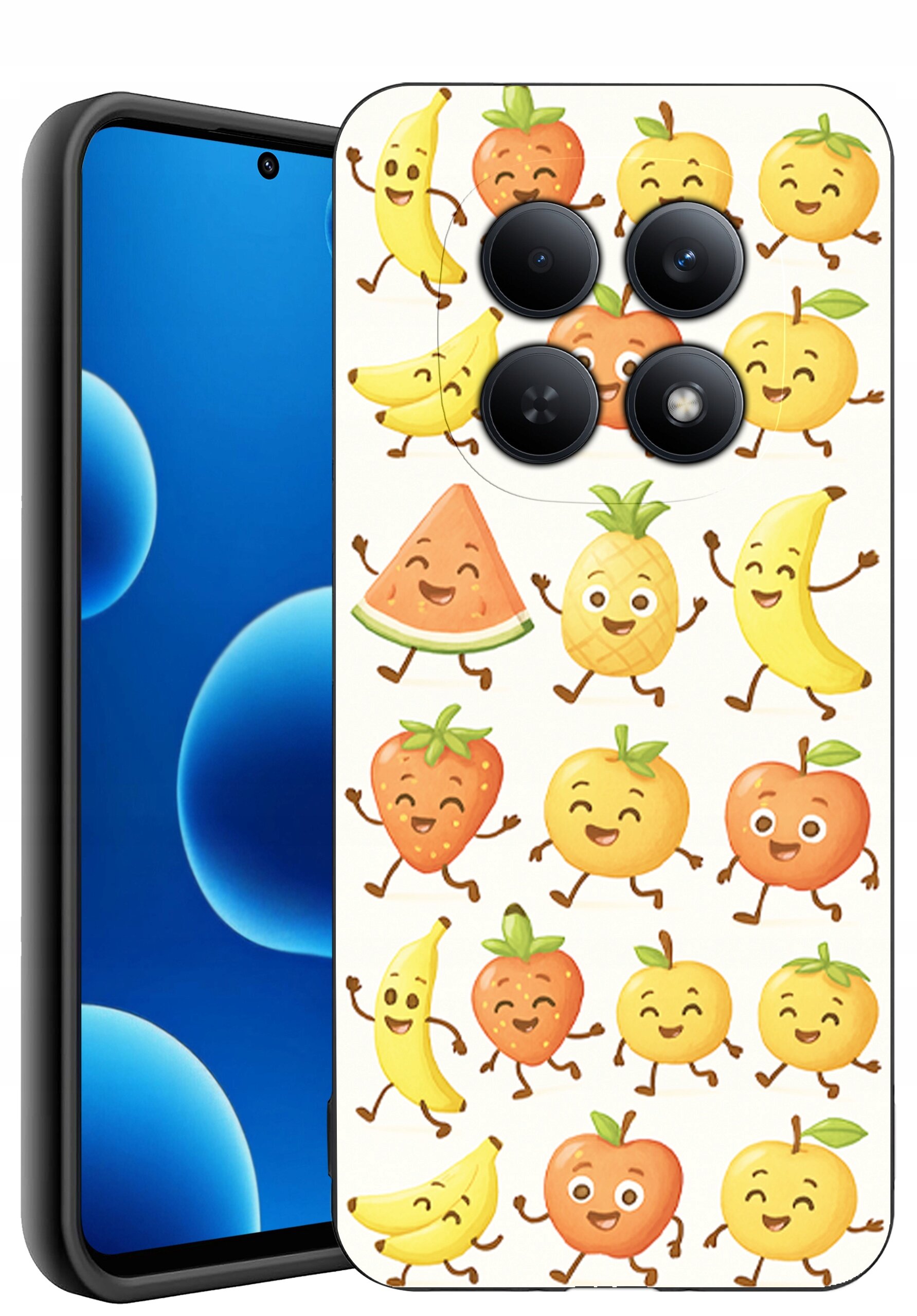 Etui na telefon z kolorowymi wzorami owoców, takich jak banany, truskawki, ananasy i arbuzy, z uśmiechniętymi twarzami. Telefon ma czarną ramkę i wyświetlacz z niebieskim tłem.