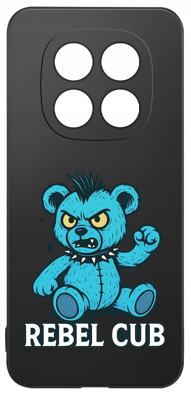 Czarne etui z nadrukiem niebieskiego misia o groźnym wyrazie twarzy i napisem \'REBEL CUB\'.