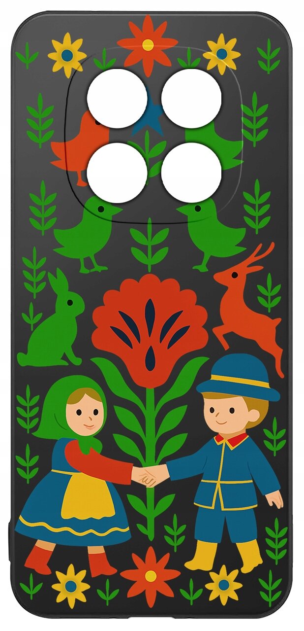 Etui na telefon z kolorowym wzorem przedstawiającym postacie w tradycyjnych strojach, otoczone kwiatami i zwierzętami na czarnym tle.