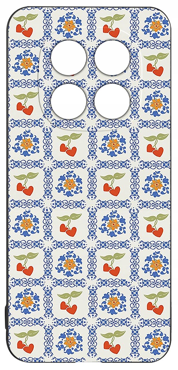 Etui na telefon z wzorem w kwadraty, wypełnione niebieskimi ornamentami oraz motywami kwiatowymi i owocowymi w kolorach czerwonym, pomarańczowym i zielonym. Posiada cztery wycięcia na aparaty fotograficzne.