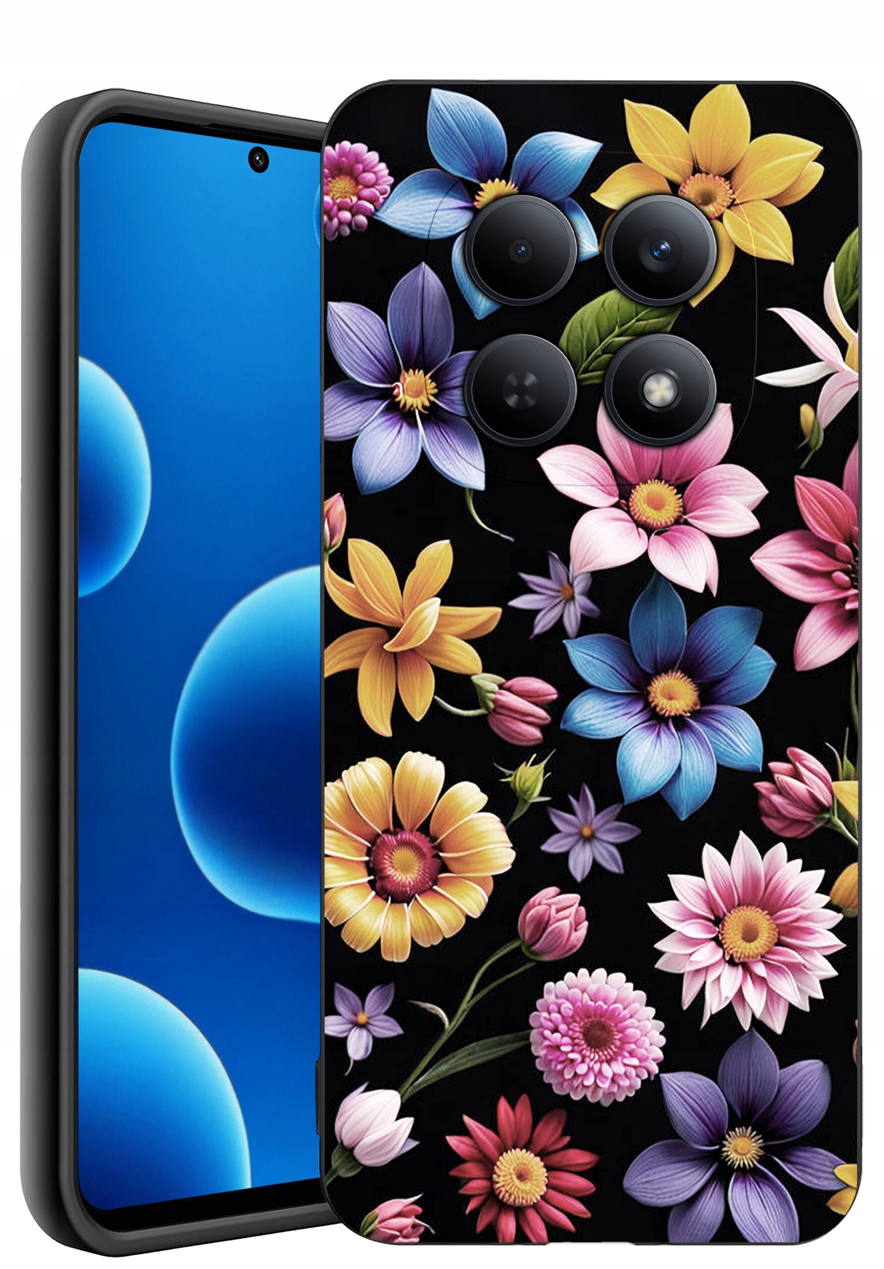 Etui na telefon z kolorowym wzorem kwiatów na czarnym tle, obok widoczny ekran telefonu z niebieskimi okręgami.