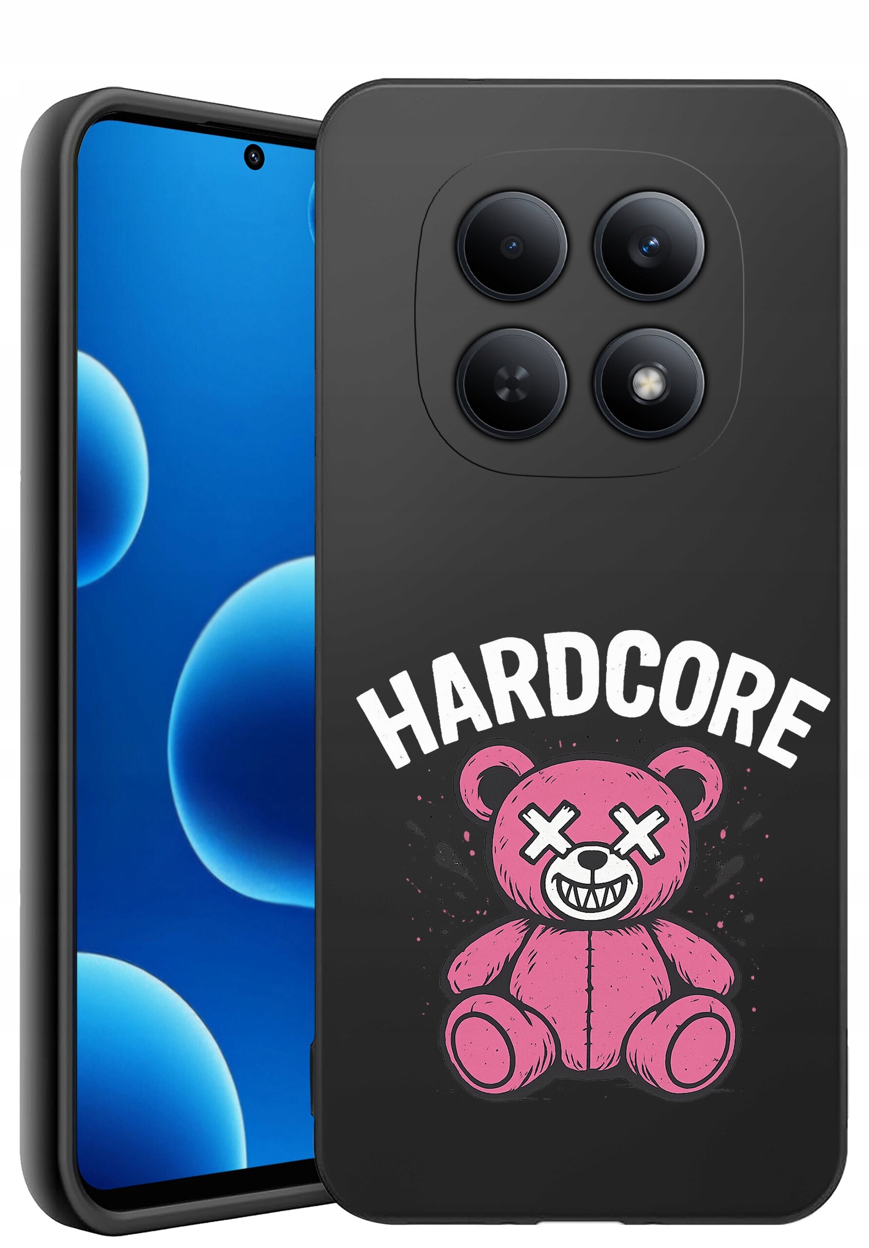 Etui na telefon z czarnym tłem, ozdobione różowym misiem z krzyżykami na oczach i napisem \'HARDCORE\'.