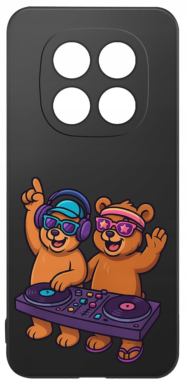 Etui na telefon z grafiką dwóch niedźwiedzi w okularach i słuchawkach, stojących przy konsoli DJ-skiej. Etui ma czarny kolor z wycięciem na aparat w kształcie kwadratu z zaokrąglonymi rogami.