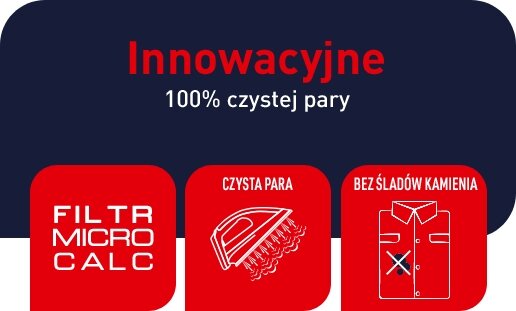 Grafika przedstawia trzy czerwone ikony na ciemnym tle z napisami: \'Innowacyjne 100% czystej pary\'. Ikony zawierają teksty: \'FILTR MICRO CALC\', \'CZYSTA PARA\' z grafiką żelazka oraz \'BEZ ŚLADÓW KAMIENIA\' z grafiką koszuli.