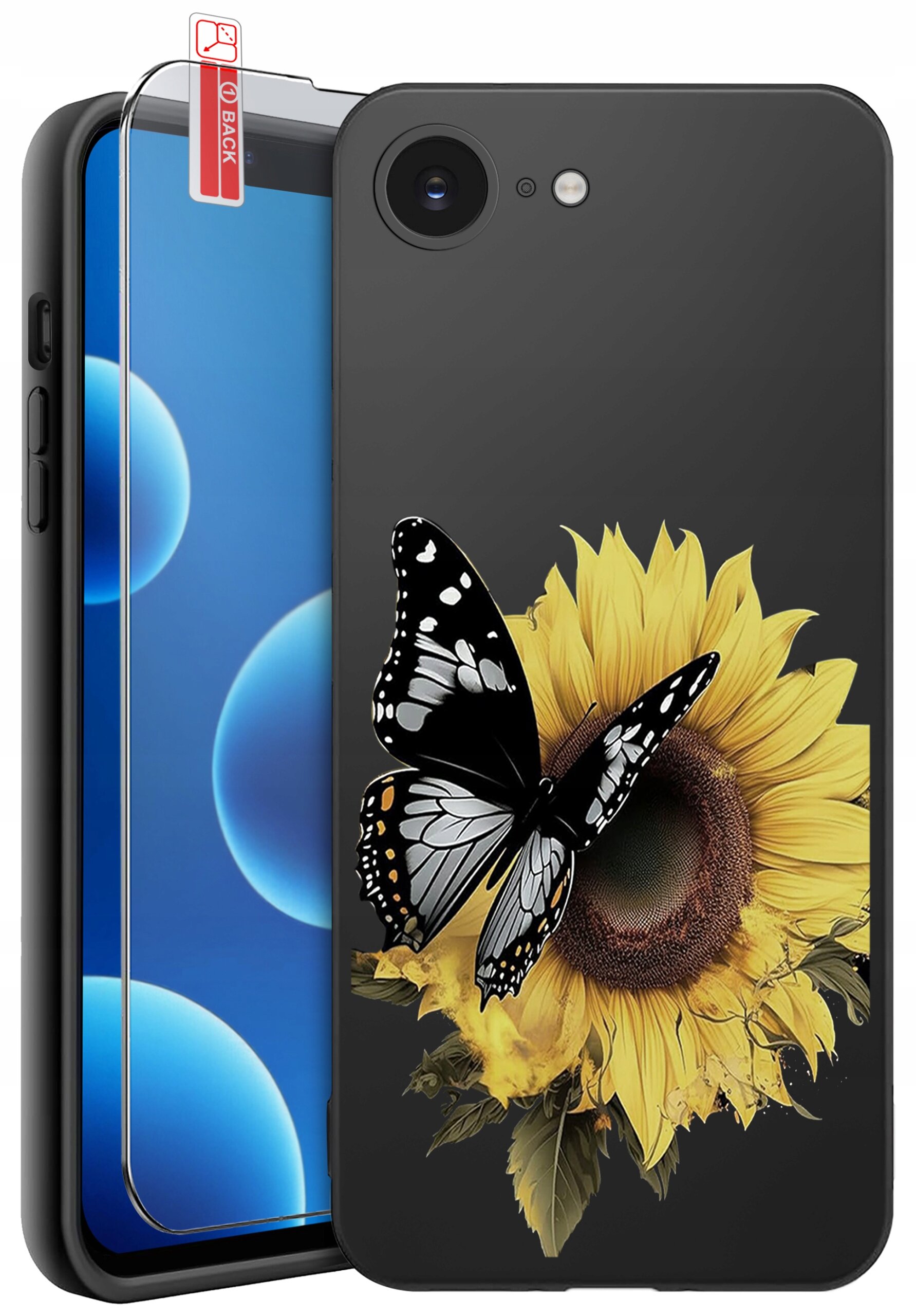 Obraz przedstawia silikonowe etui na telefon z motywem słonecznika i czarno-białego motyla. Obok etui znajduje się szkło ochronne z czerwoną naklejką \'BACK\'.