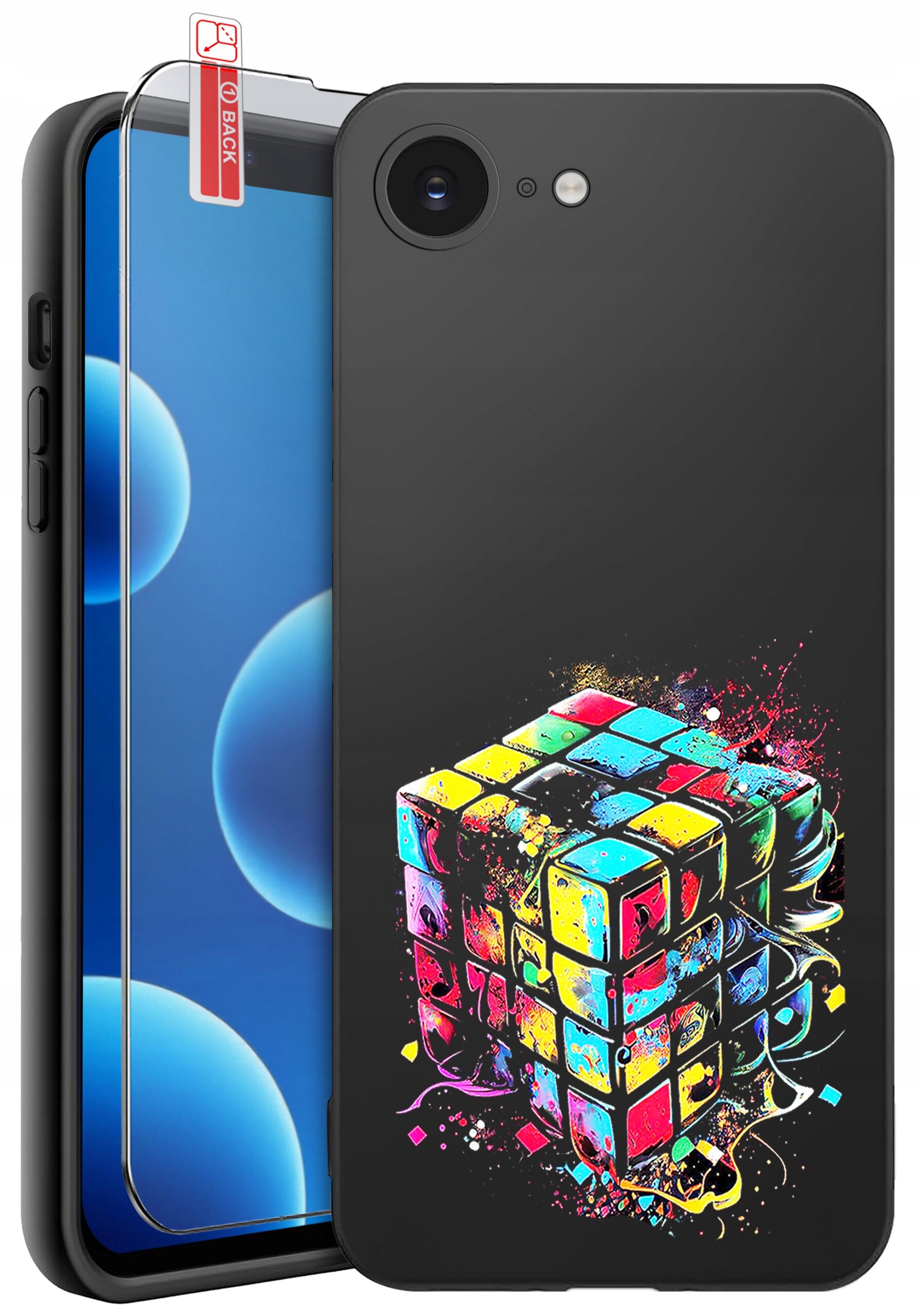 Na obrazie widoczne jest silikonowe etui na telefon z kolorowym wzorem przypominającym kostkę Rubika. Obok etui znajduje się szkło ochronne z etykietą \'BACK\'.