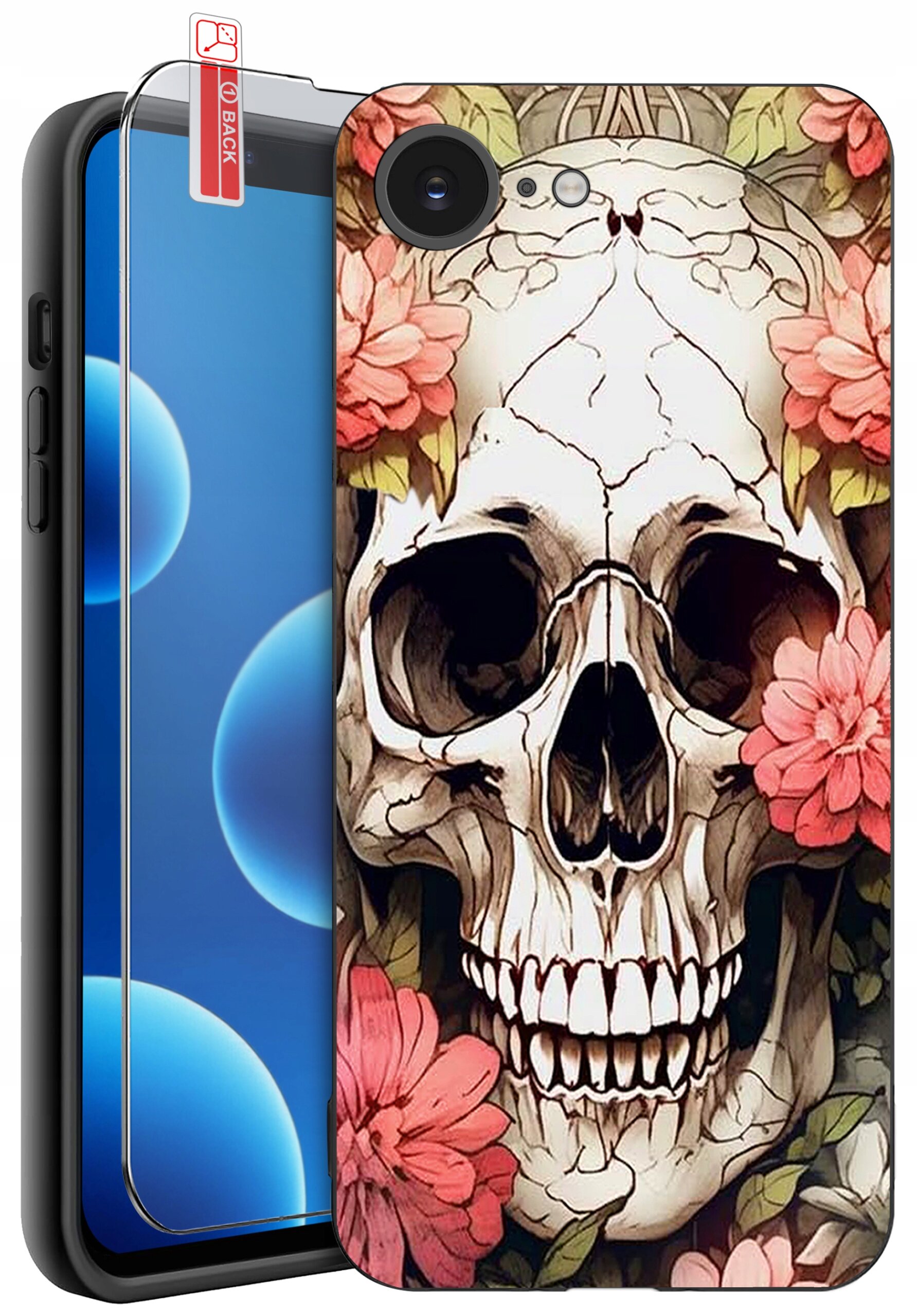 Etui na telefon z nadrukiem czaszki otoczonej różowymi kwiatami. Obok znajduje się szkło ochronne z etykietą \'BACK\'.