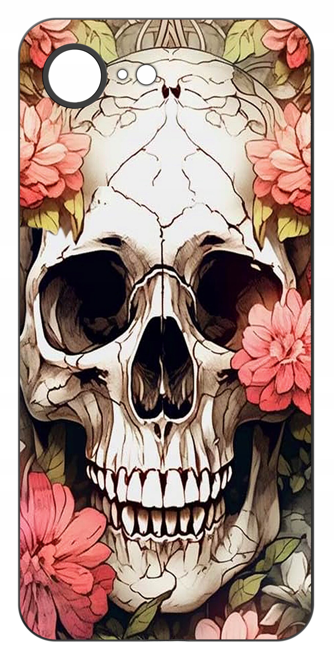 Etui z nadrukiem czaszki otoczonej różowymi kwiatami i zielonymi liśćmi. W górnym rogu znajduje się otwór na aparat.