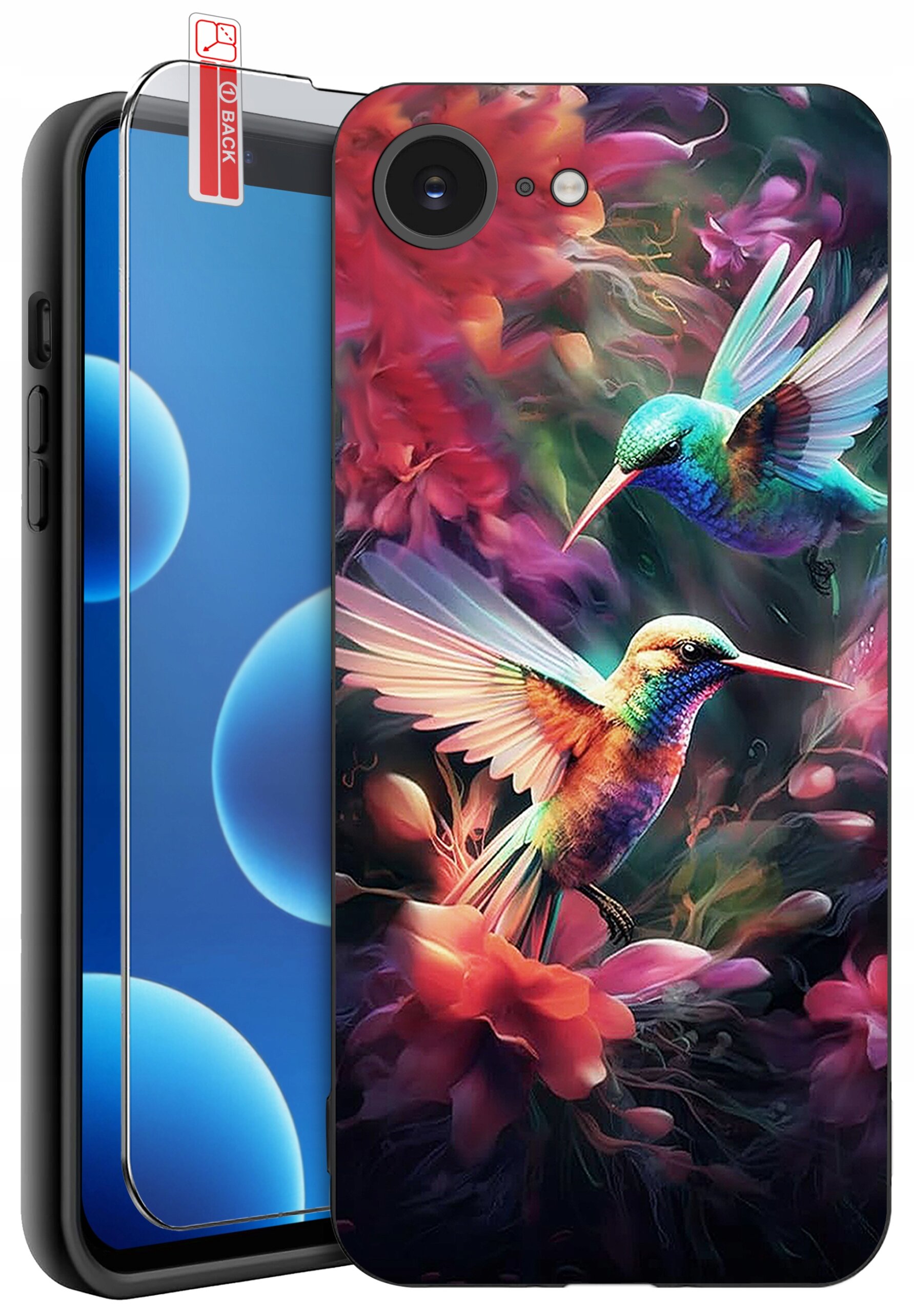 Etui na telefon z kolorowym wzorem przedstawiającym dwa kolibry wśród kwiatów. Obok etui znajduje się szkło ochronne z napisem \'BACK\'.