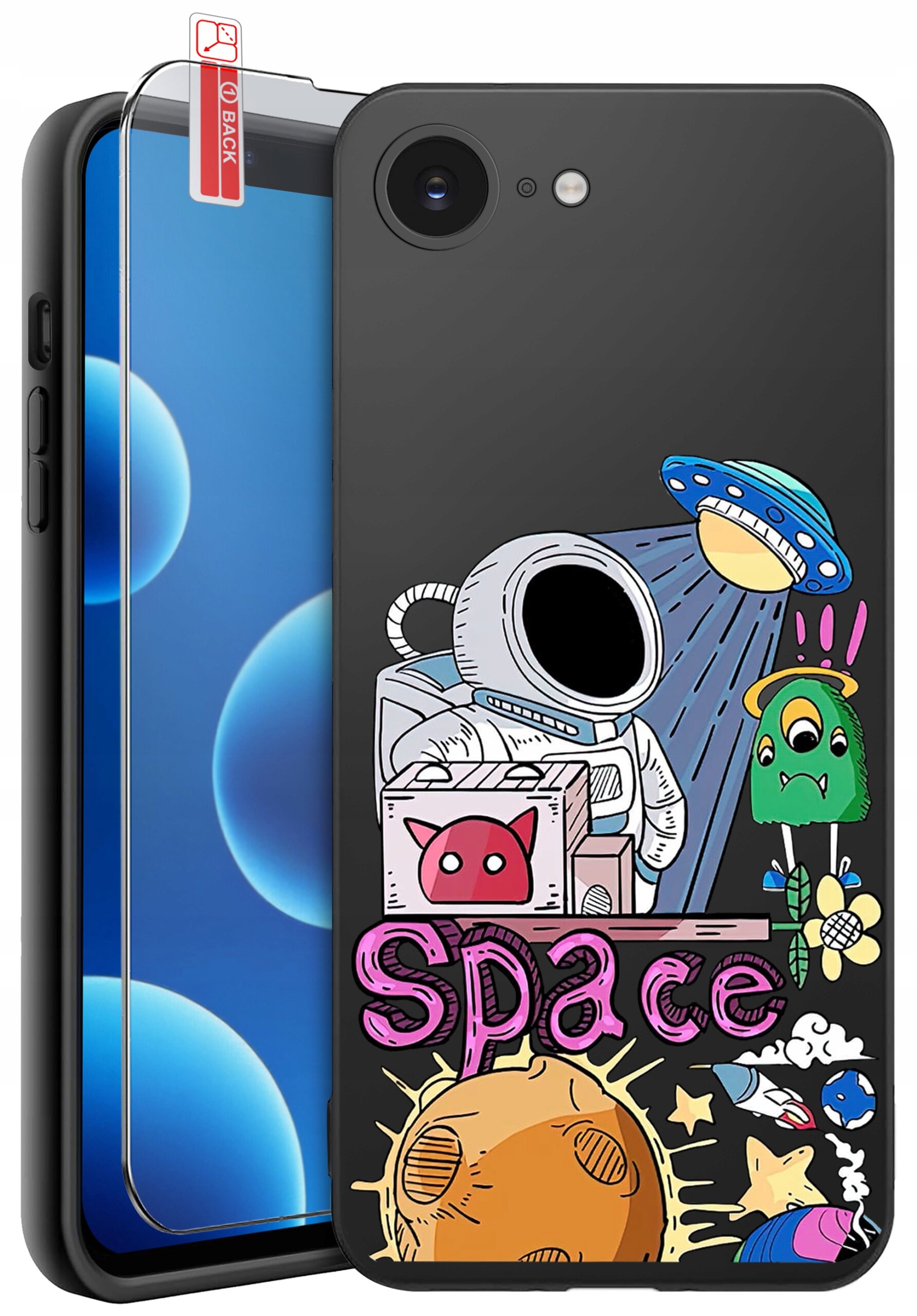 Etui na telefon z kolorowym nadrukiem przedstawiającym astronautę, UFO i napisem \'Space\'. Obok etui znajduje się szkło ochronne z etykietą \'BACK\'.
