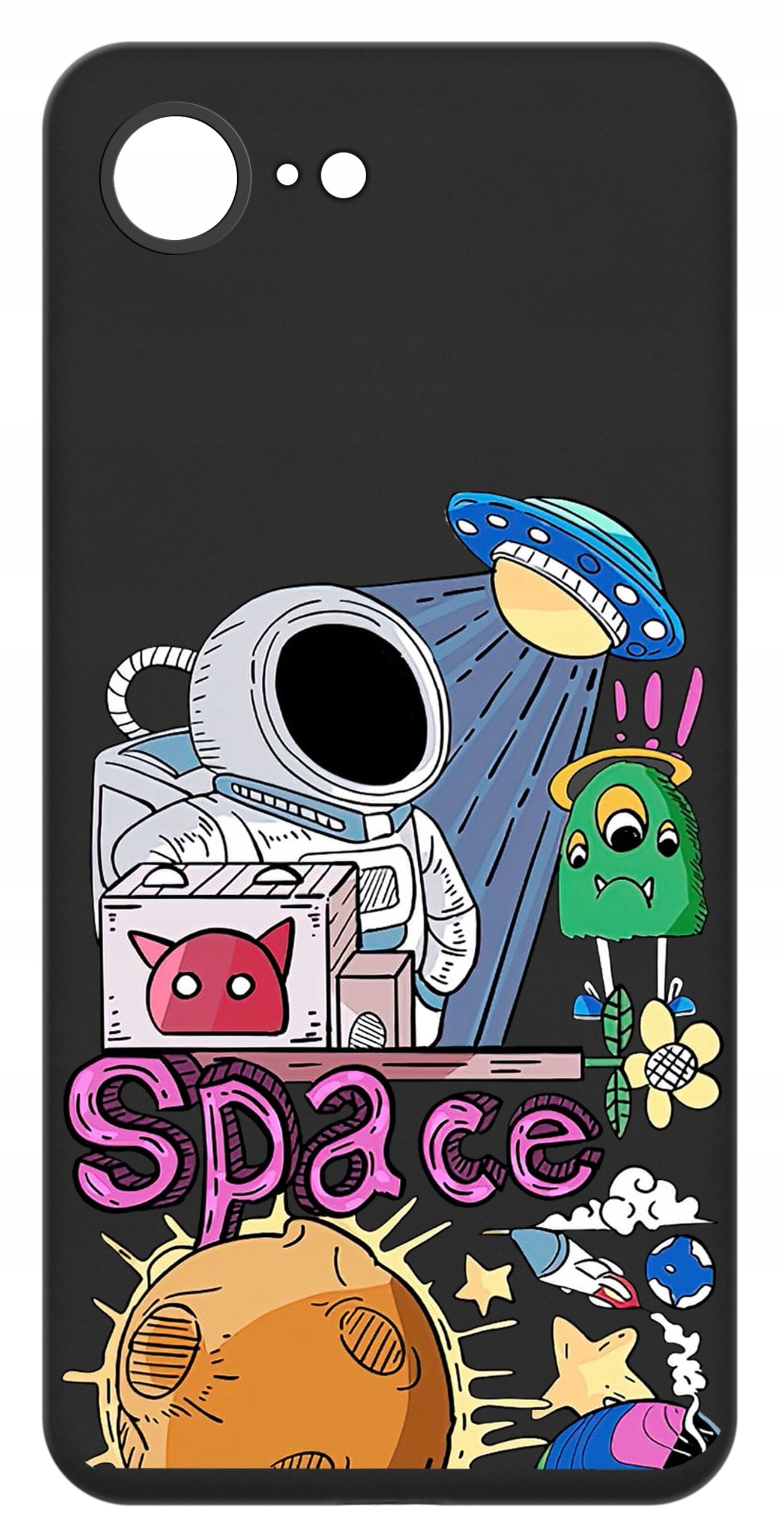 Czarne etui z kolorowym nadrukiem przedstawiającym astronautę, UFO, zielonego stworka i napisem \'Space\'.