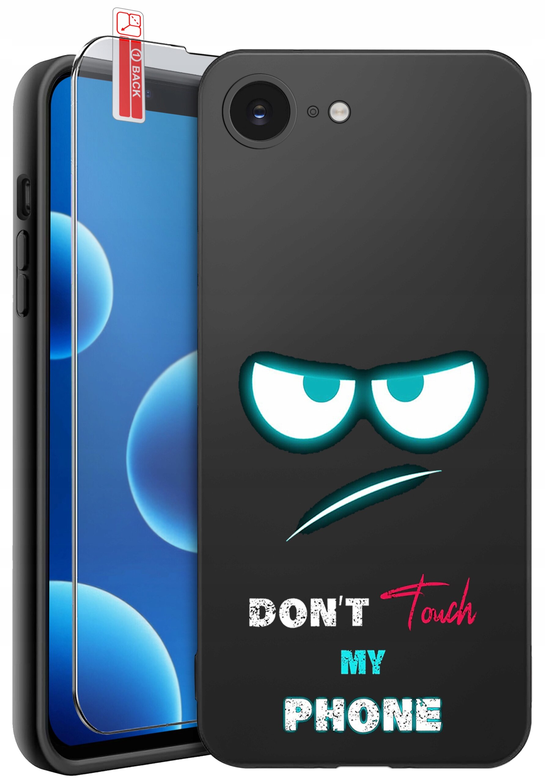 Czarne etui na telefon z nadrukiem przedstawiającym parę oczu i napis \'DON\'T Touch MY PHONE\'. Obok etui znajduje się szkło ochronne z czerwoną etykietą \'BACK\'.