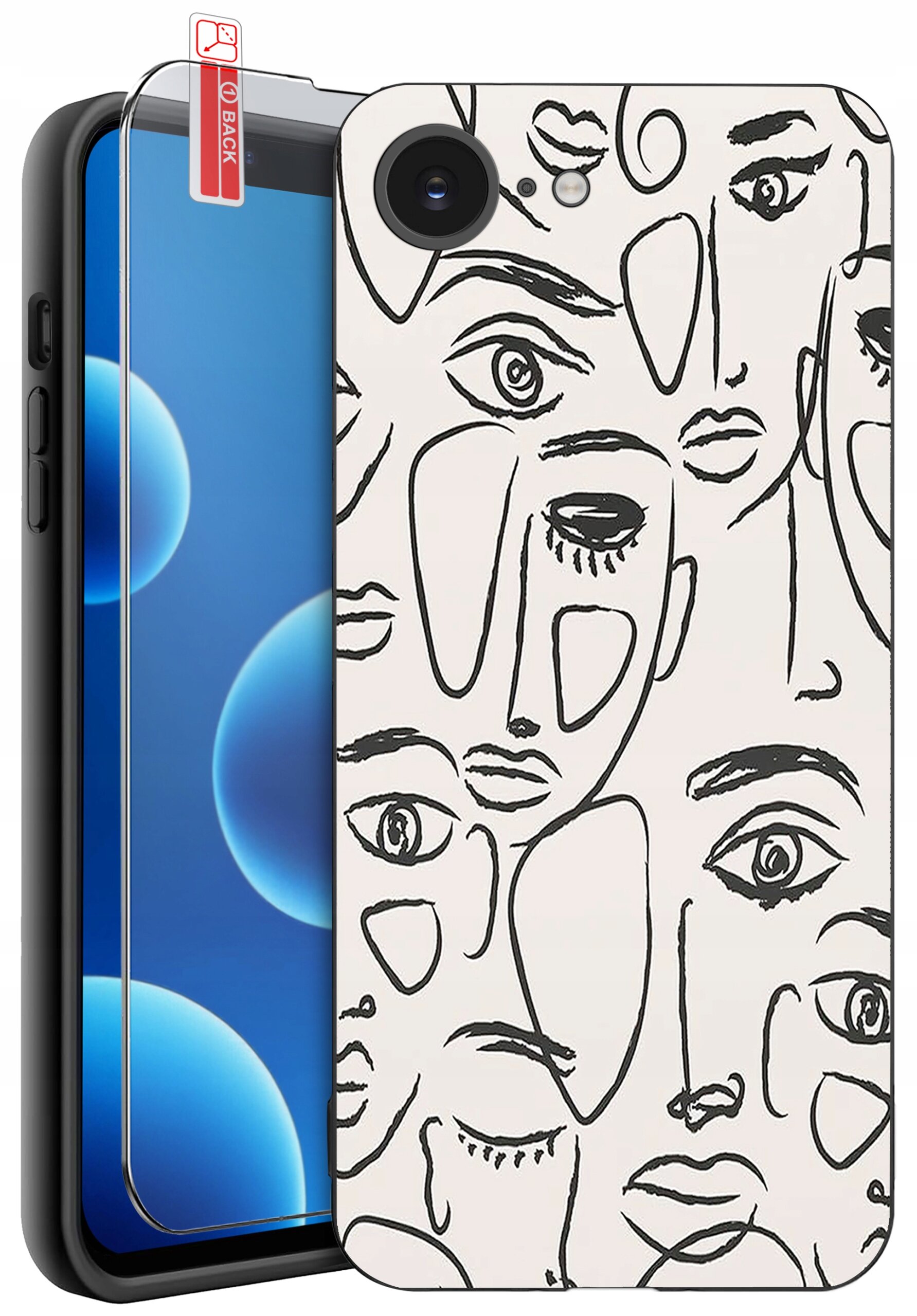 Obraz przedstawia silikonowe etui na telefon z abstrakcyjnym wzorem twarzy w czarnych liniach na jasnym tle. Obok etui znajduje się szkło ochronne z napisem \'BACK\'.