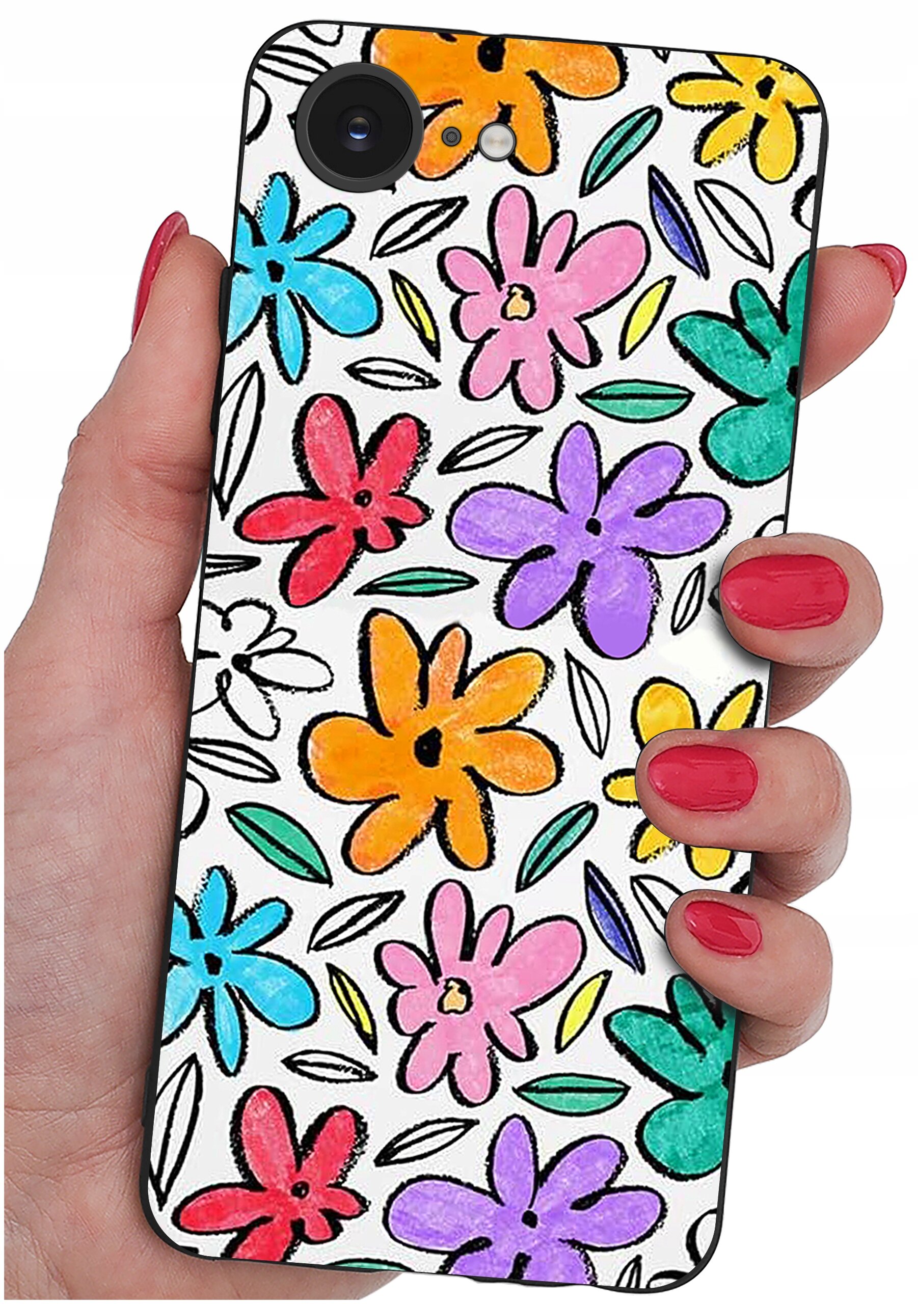 Etui na telefon z kolorowym wzorem kwiatów w odcieniach pomarańczowego, różowego, fioletowego, czerwonego i niebieskiego, trzymane w dłoni z pomalowanymi na czerwono paznokciami.
