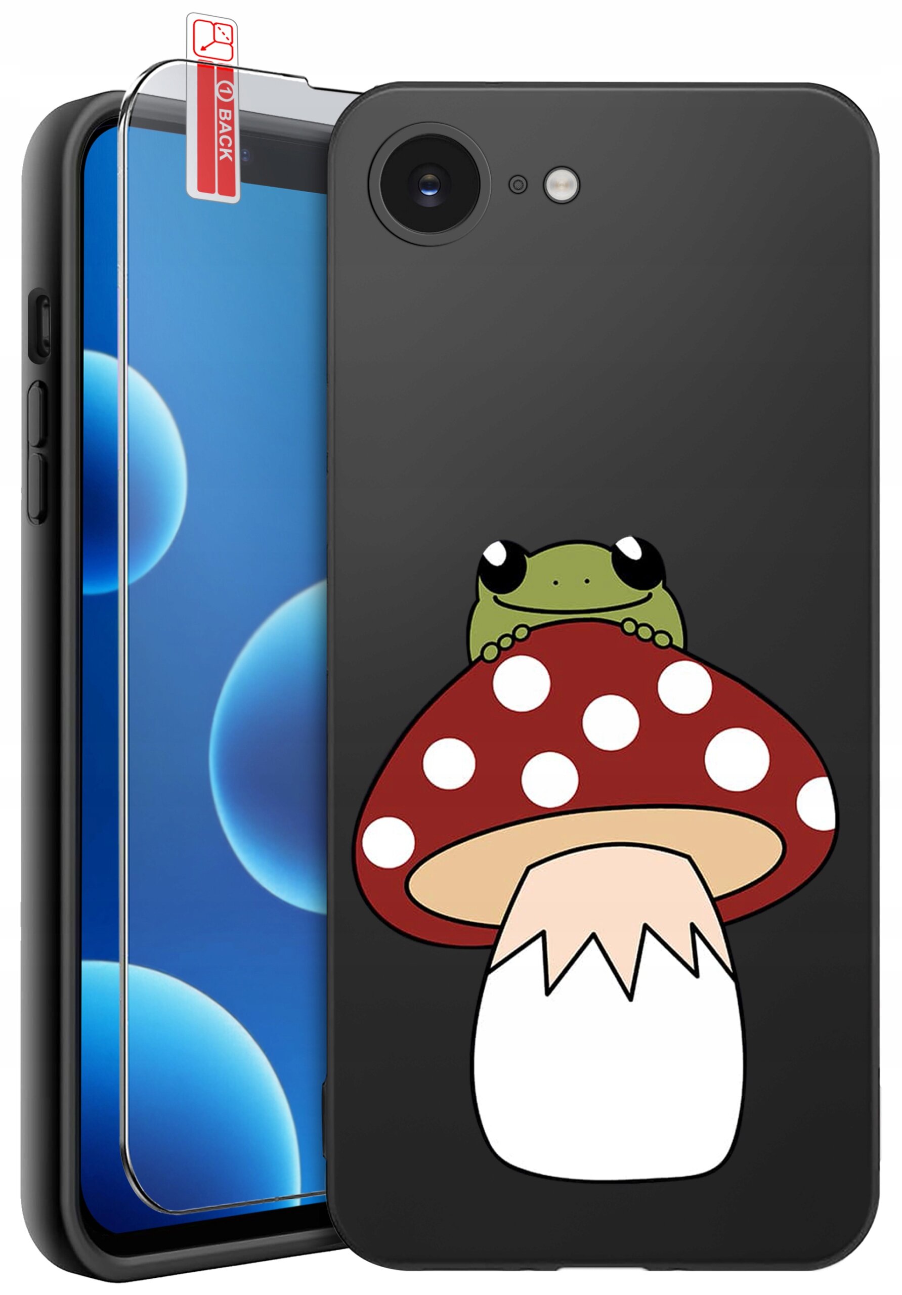 Czarne etui na telefon z nadrukiem grzyba z czerwonym kapeluszem w białe kropki i zieloną żabką na wierzchu. Obok znajduje się szkło ochronne z napisem \'BACK\'.