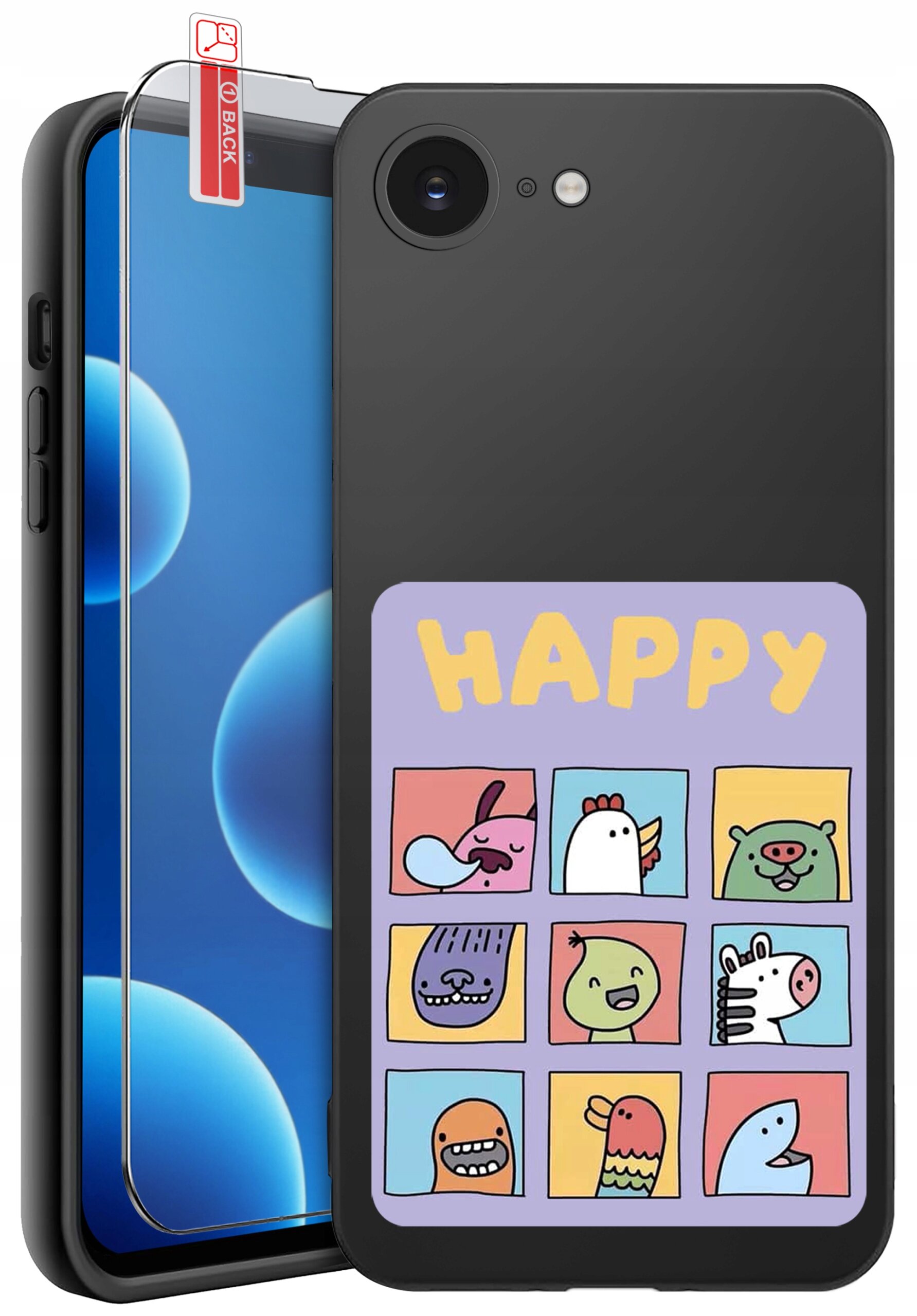 Etui na telefon z kolorowym wzorem przedstawiającym dziewięć rysunkowych postaci zwierząt oraz napis \'HAPPY\'. Obok etui znajduje się szkło ochronne z oznaczeniem \'BACK\'.