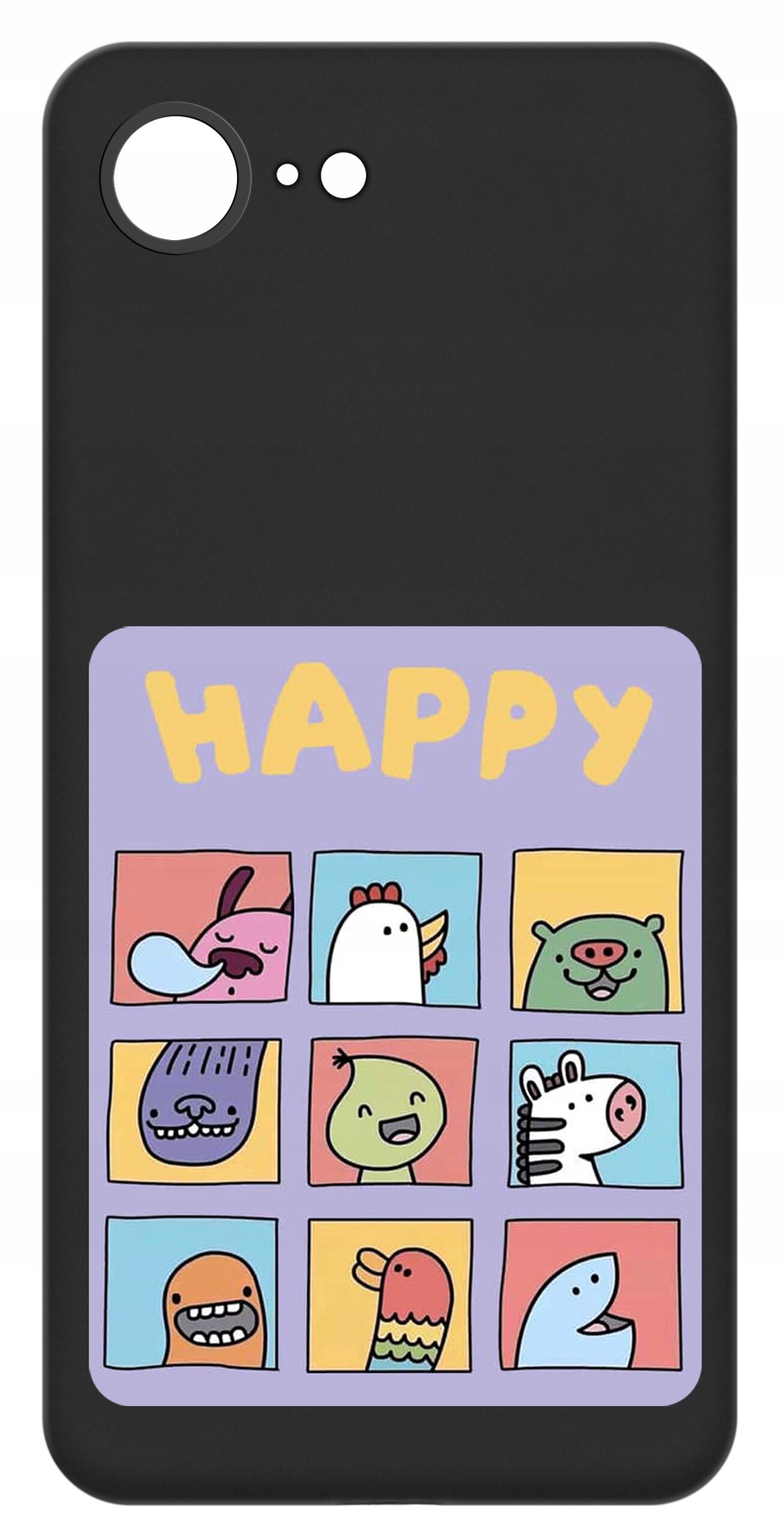 Czarne etui z kolorowym panelem przedstawiającym dziewięć rysunkowych zwierząt w kwadratach oraz napis \'HAPPY\' na górze. Zwierzęta są w różnych kolorach i stylach, na tle fioletowego prostokąta.