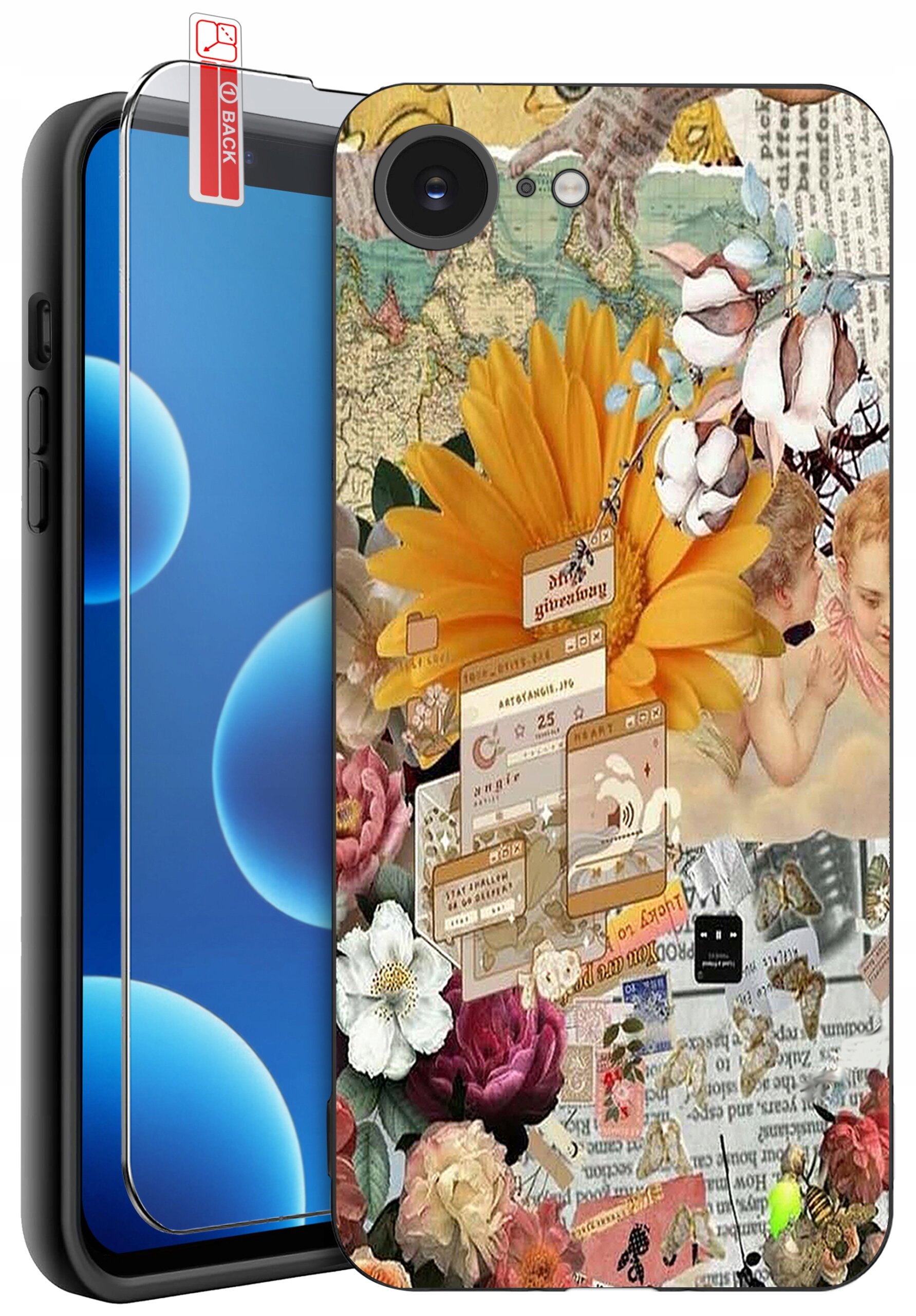 Etui na telefon z kolorowym, kwiatowym wzorem oraz elementami graficznymi, takimi jak okna przeglądarki i fragmenty mapy. Obok etui znajduje się szkło ochronne z napisem \'BACK\'.
