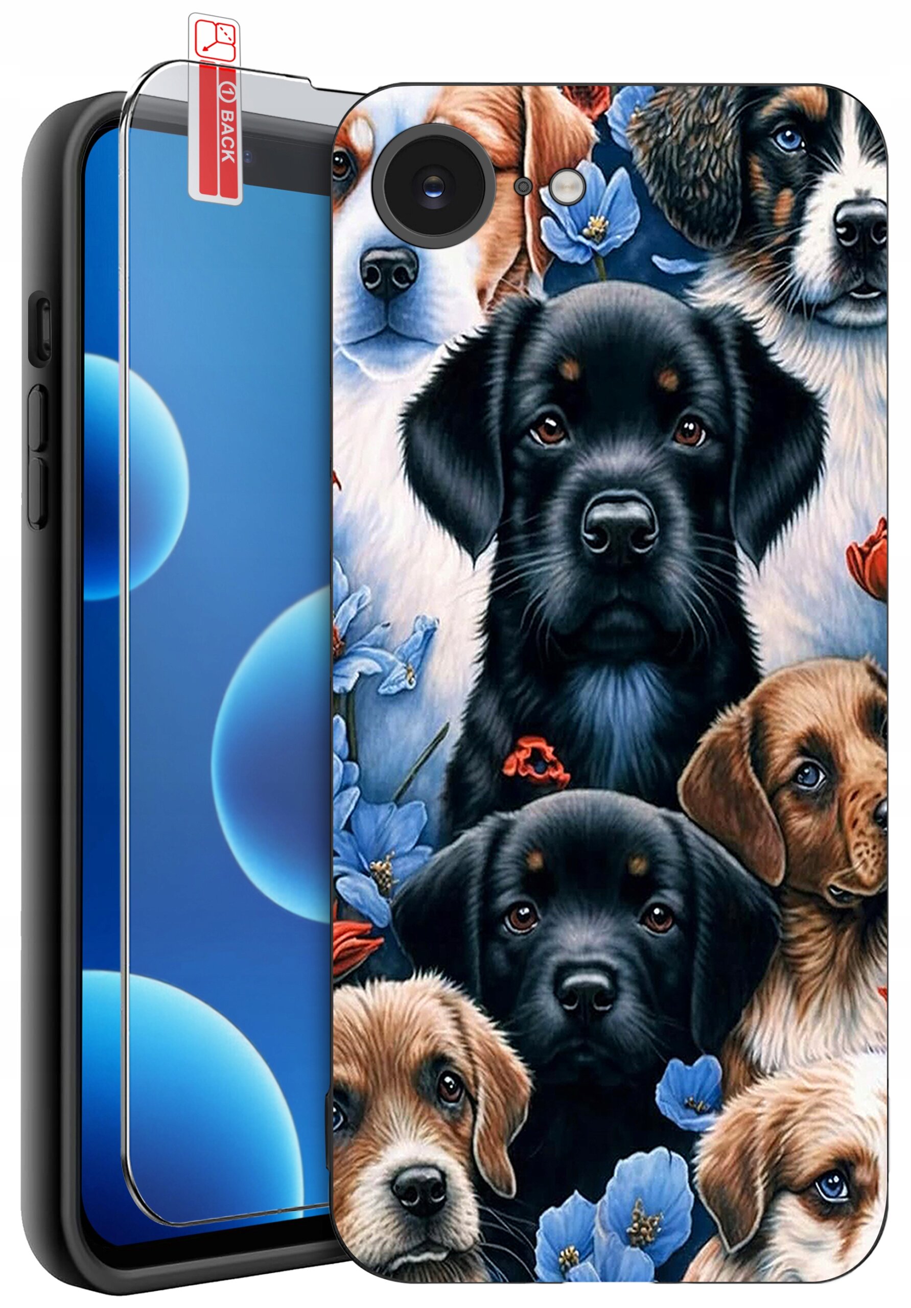 Etui na telefon z wzorem przedstawiającym psy i kwiaty, obok którego znajduje się szkło ochronne z napisem \'BACK\'.