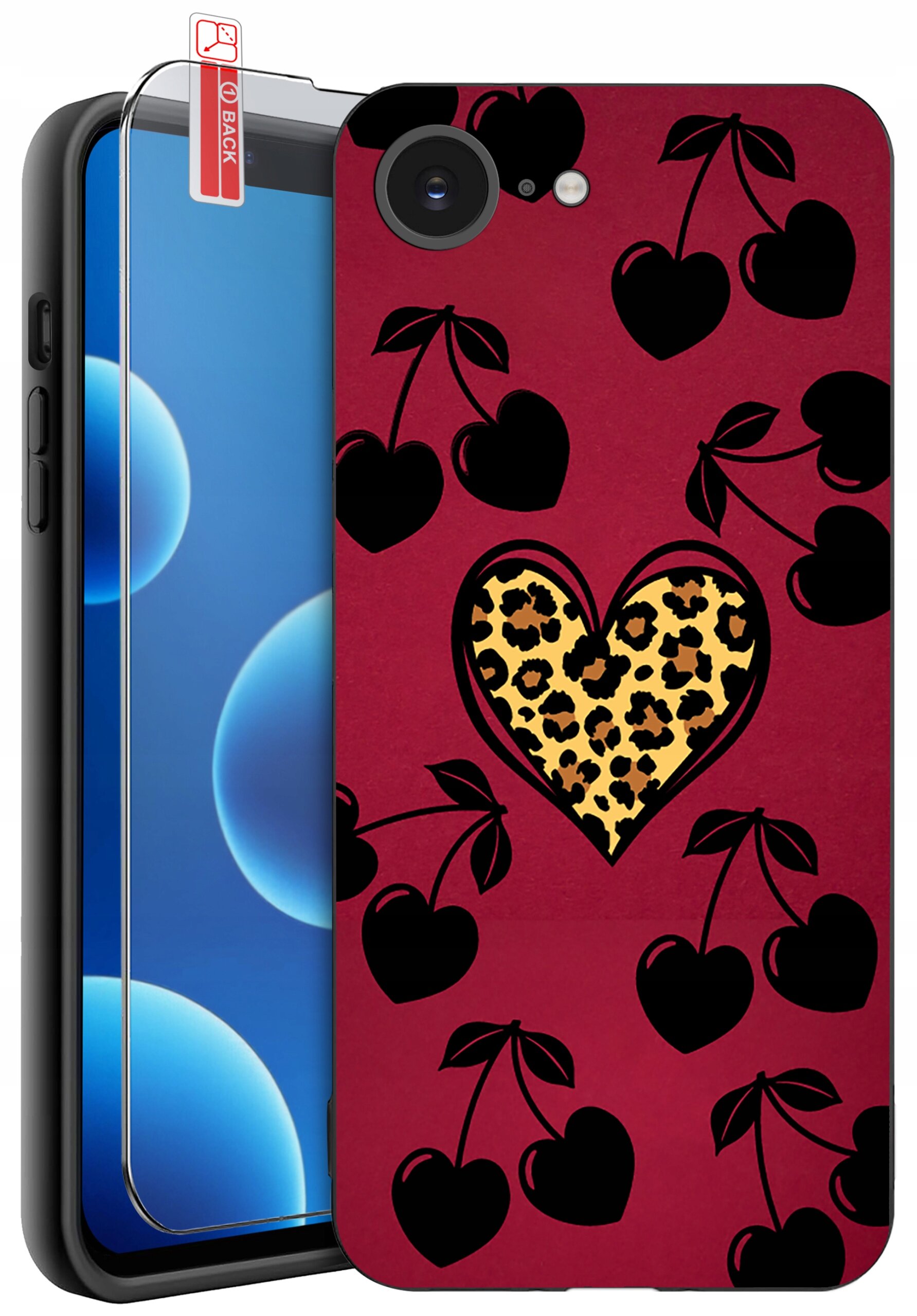 Etui na telefon z czerwonym tłem, ozdobione czarnymi wisienkami i sercem z wzorem w cętki. Obok znajduje się szkło ochronne z napisem \'BACK\'.