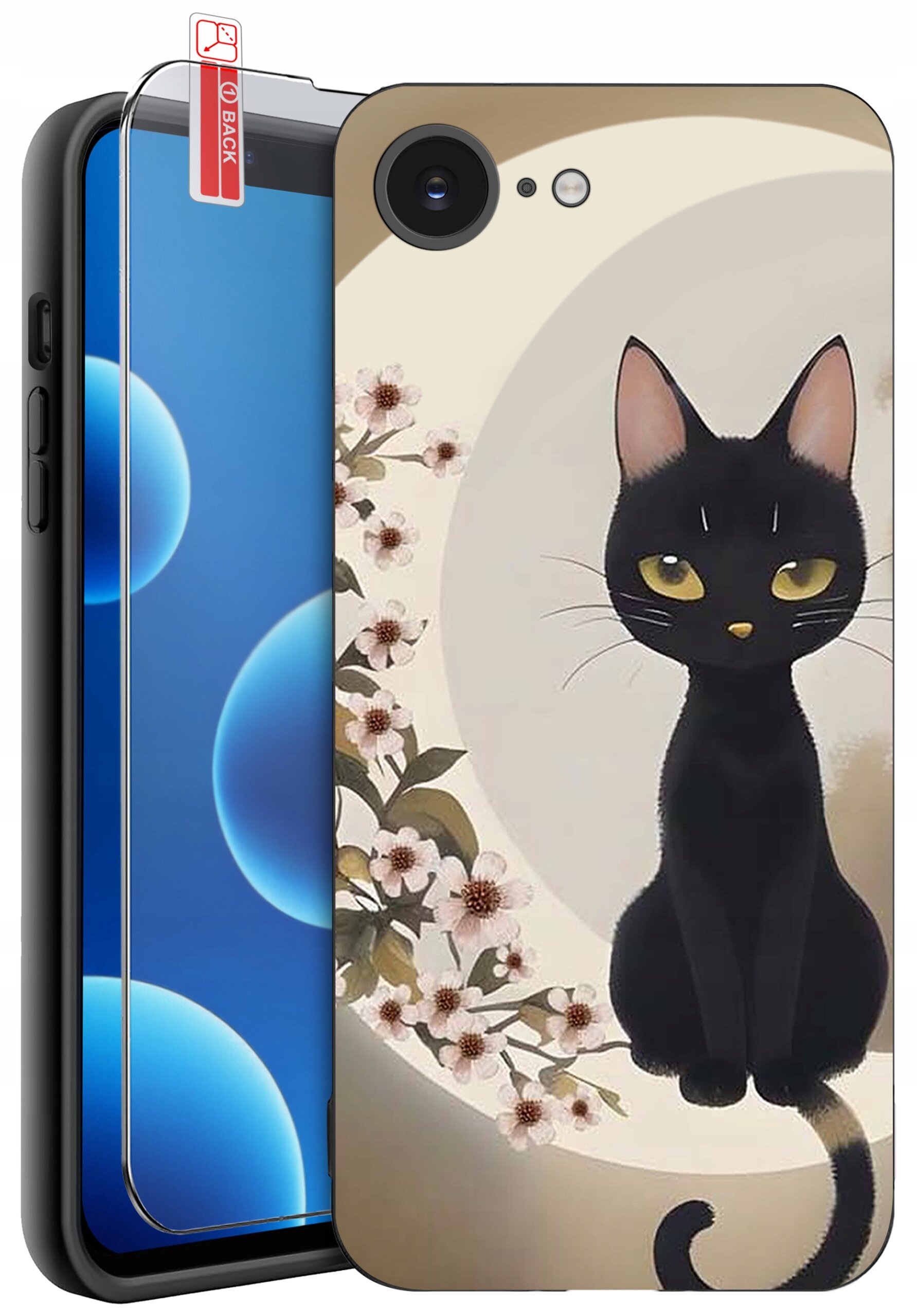Etui na telefon z nadrukiem czarnego kota siedzącego na tle okręgu z kwiatami. Obok etui znajduje się szkło ochronne z napisem \'BACK\'.