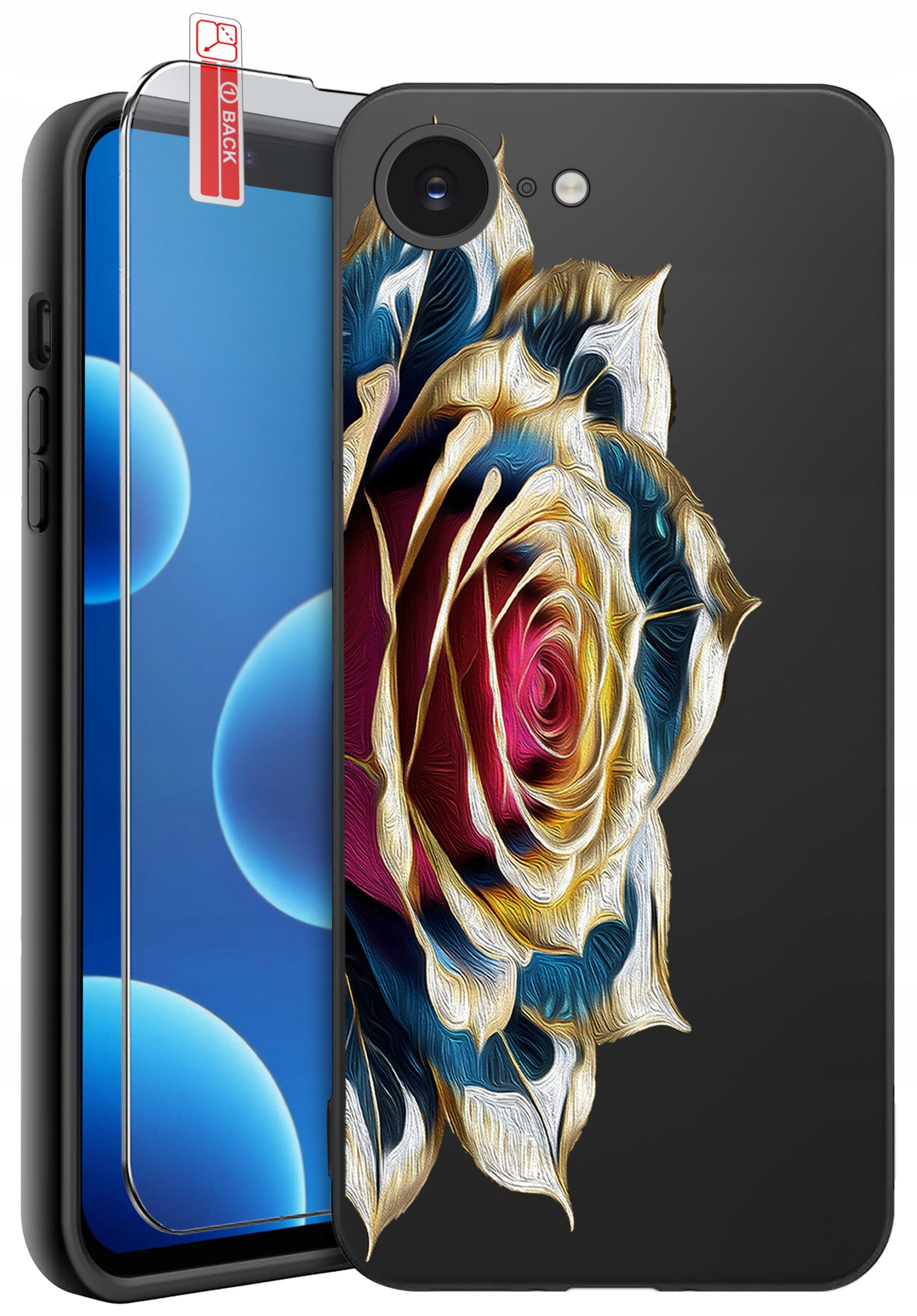 Obraz przedstawia etui na telefon z kolorowym wzorem róży na czarnym tle oraz szkło ochronne z napisem \'BACK\'.