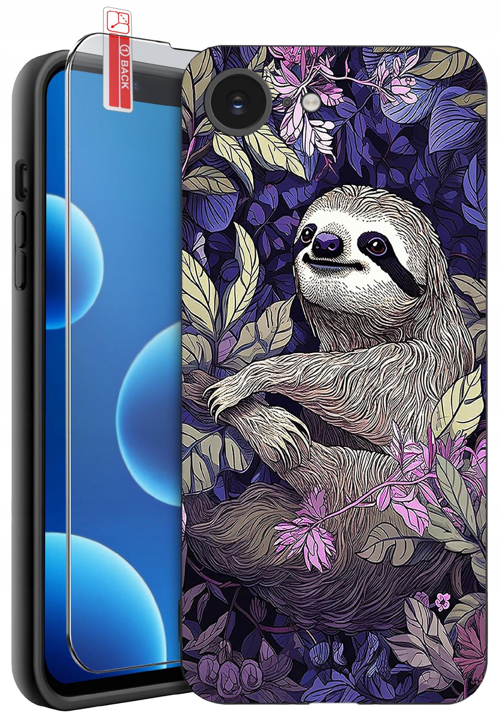 Etui na telefon z kolorowym wzorem przedstawiającym leniwca wśród liści i kwiatów. Obok etui znajduje się szkło ochronne z napisem \'BACK\'.