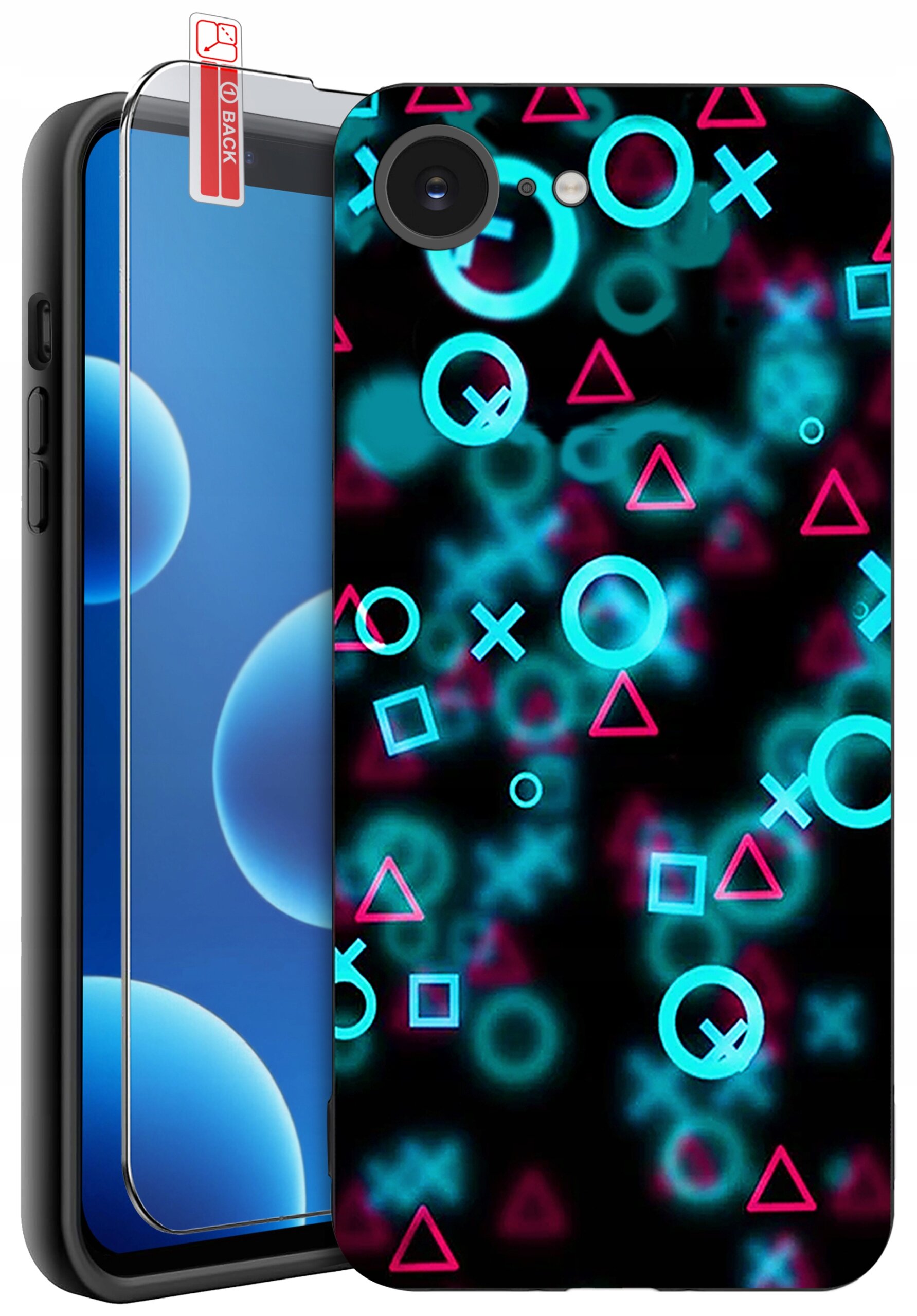 Etui na telefon z kolorowymi symbolami geometrycznymi na czarnym tle oraz szkło ochronne z napisem \'BACK\'.