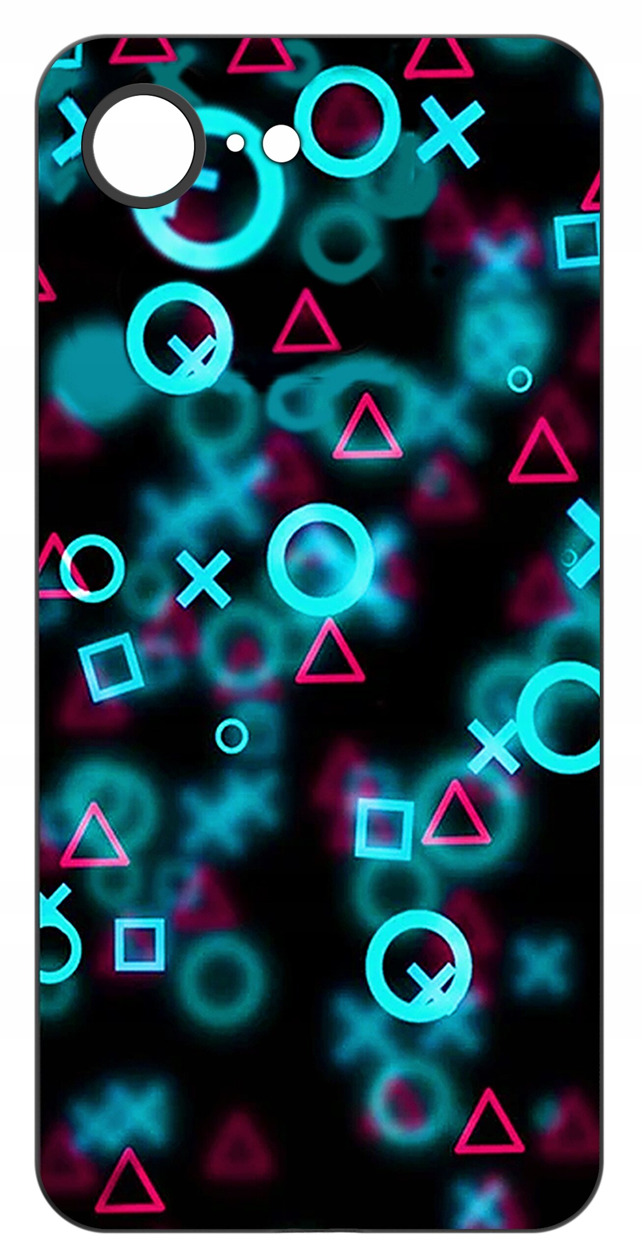 Etui na telefon z kolorowym wzorem składającym się z niebieskich i różowych symboli geometrycznych na czarnym tle. Wzór zawiera kółka, krzyżyki, kwadraty i trójkąty.