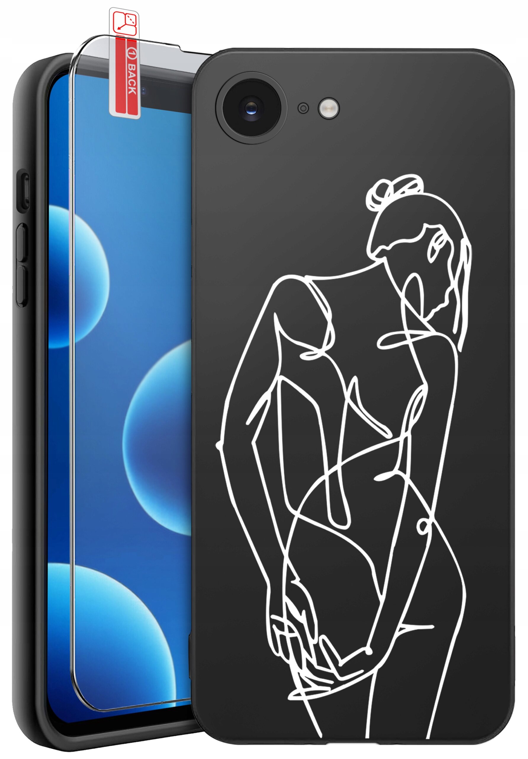 Czarne etui na telefon z białym, abstrakcyjnym wzorem przedstawiającym sylwetkę osoby. Obok znajduje się szkło ochronne z czerwoną etykietą \'BACK\'.