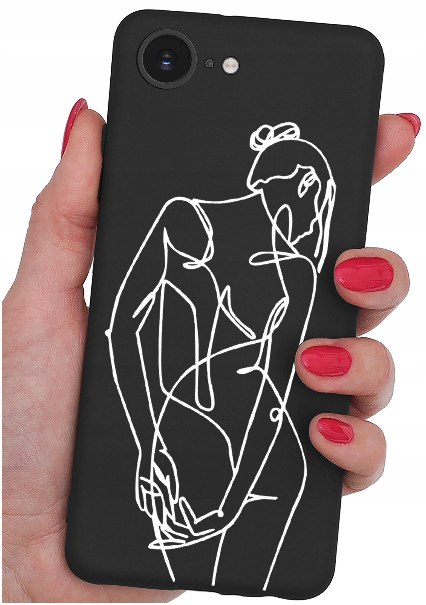 Czarne etui na telefon z białym, abstrakcyjnym rysunkiem sylwetki osoby. Etui trzymane jest w dłoni z pomalowanymi na czerwono paznokciami.