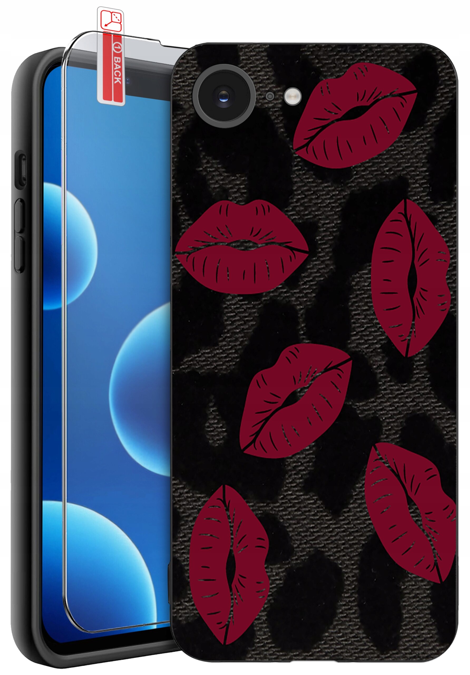 Etui na telefon z czarnym wzorem i czerwonymi ustami oraz szkło ochronne z napisem \'BACK\'.