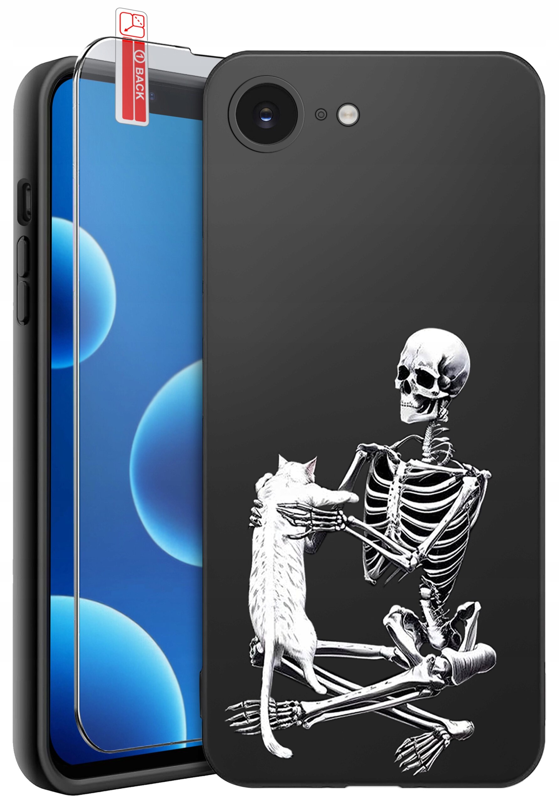 Czarne etui na telefon z nadrukiem szkieletu trzymającego kota. Obok znajduje się szkło ochronne z etykietą \'BACK\'.