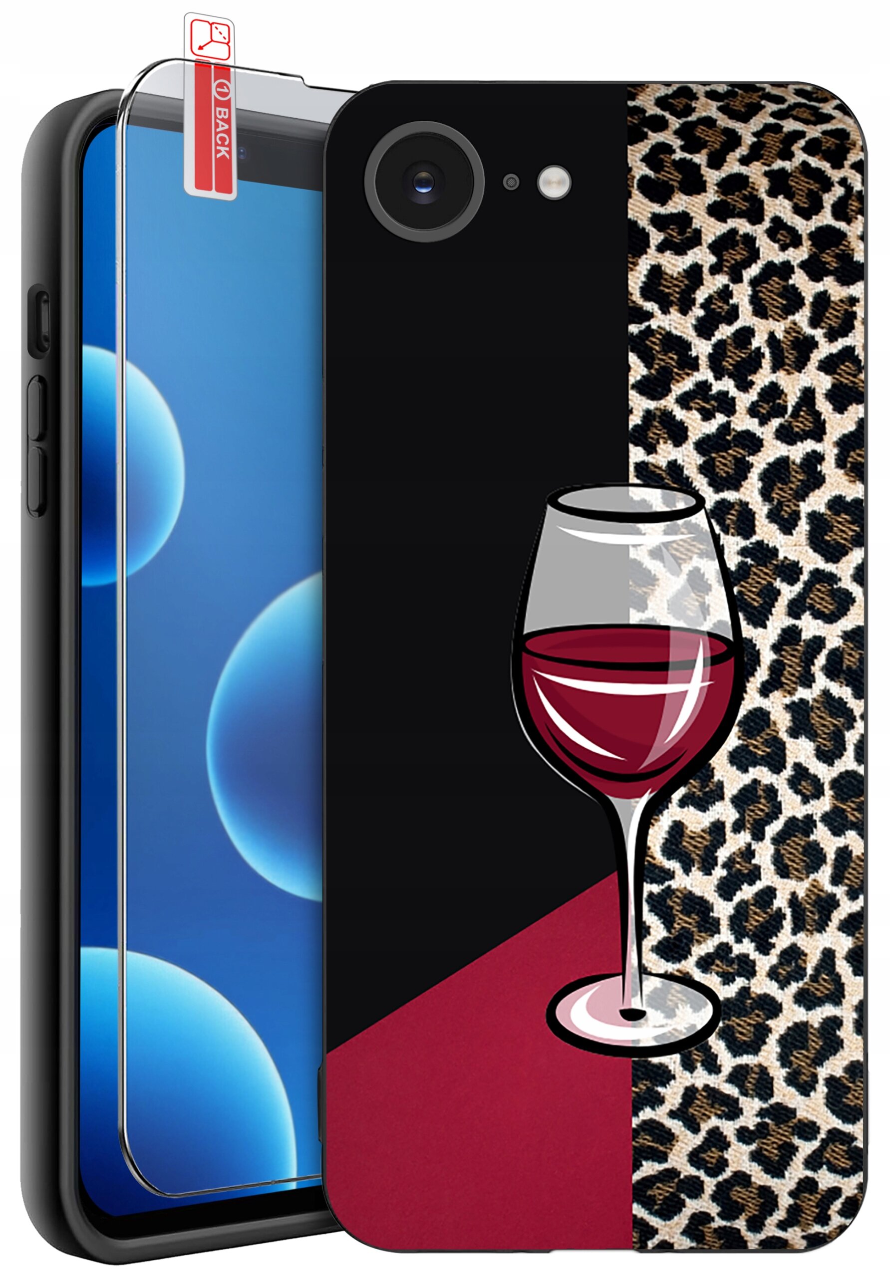 Etui na telefon z wzorem kieliszka wina na tle czarno-czerwonym oraz wzorem w cętki. Obok etui znajduje się szkło ochronne z napisem \'BACK\'.